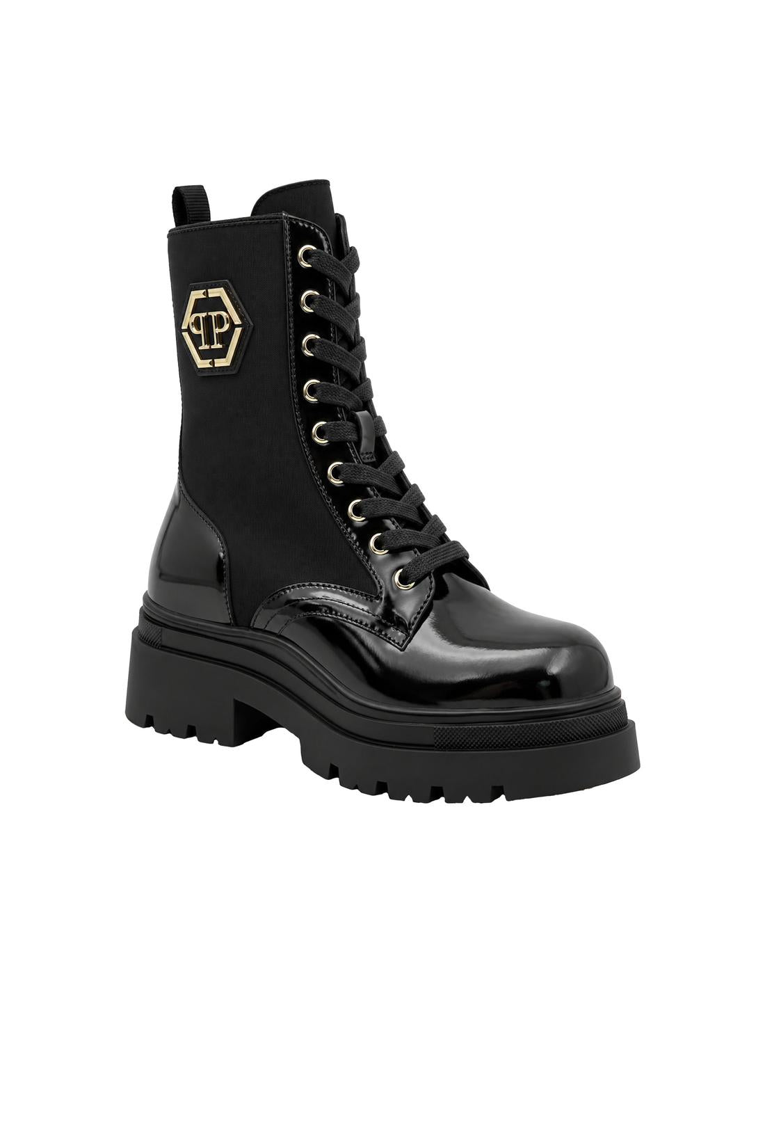 Patent Lace Up Boots Hexagon