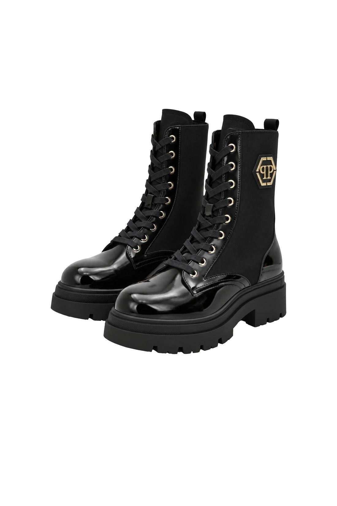 Patent Lace Up Boots Hexagon