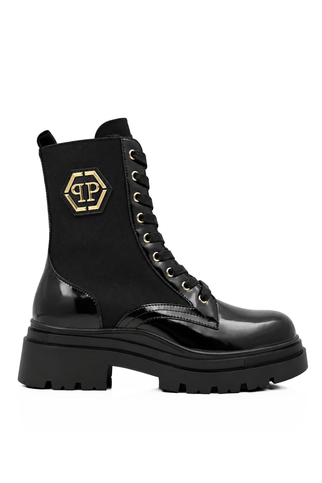 Patent Lace Up Boots Hexagon