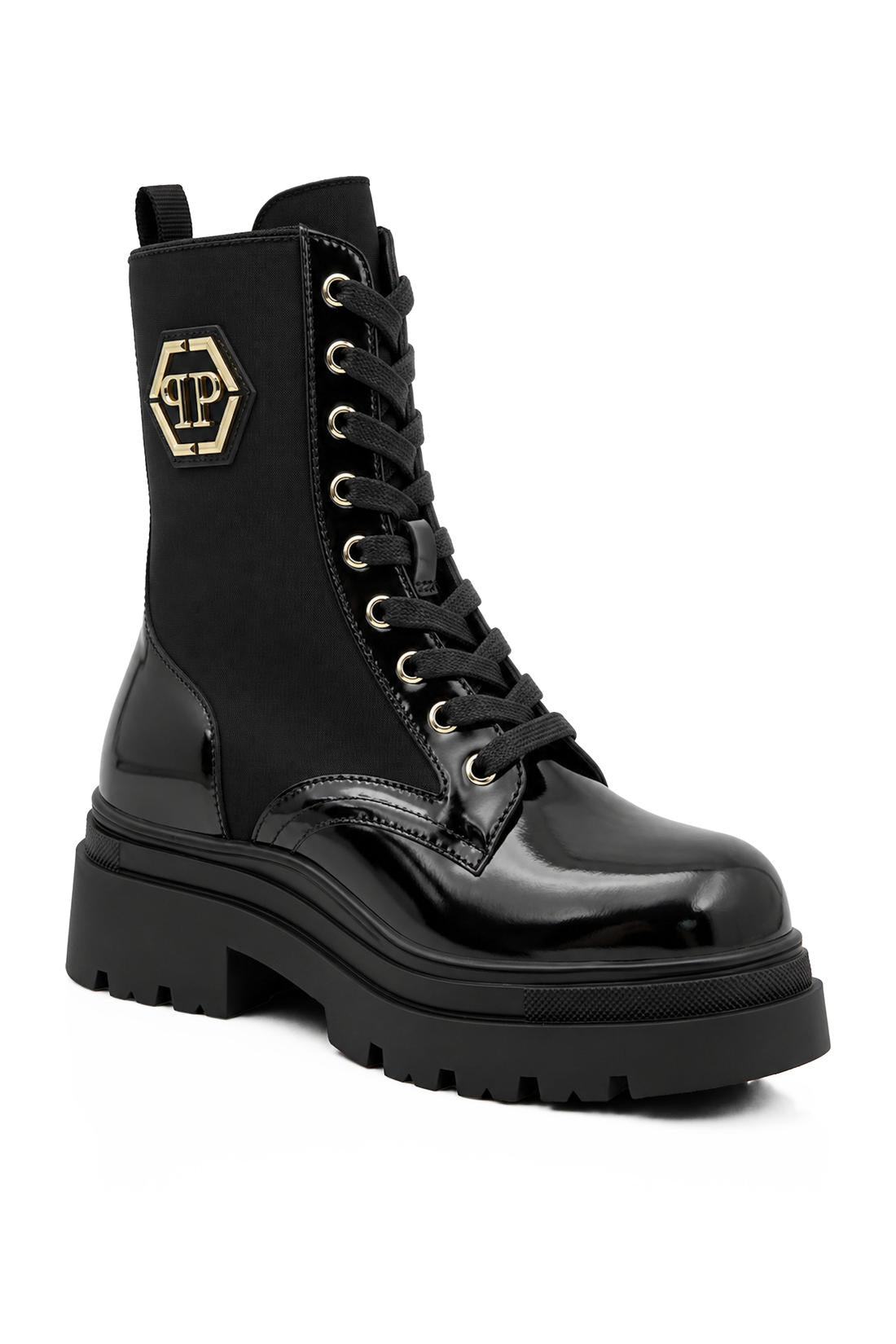 Patent Lace Up Boots Hexagon