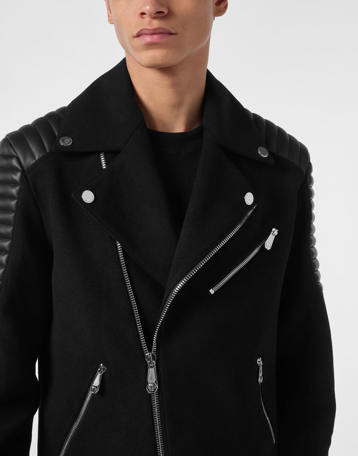 Wool Biker Jacket with Leather Inserts