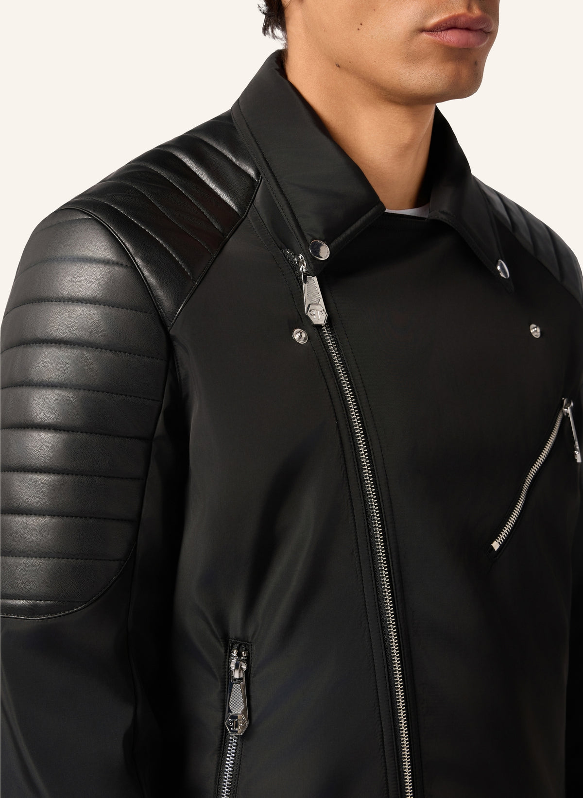 Nylon Biker Jacket Eco Leather Inserts