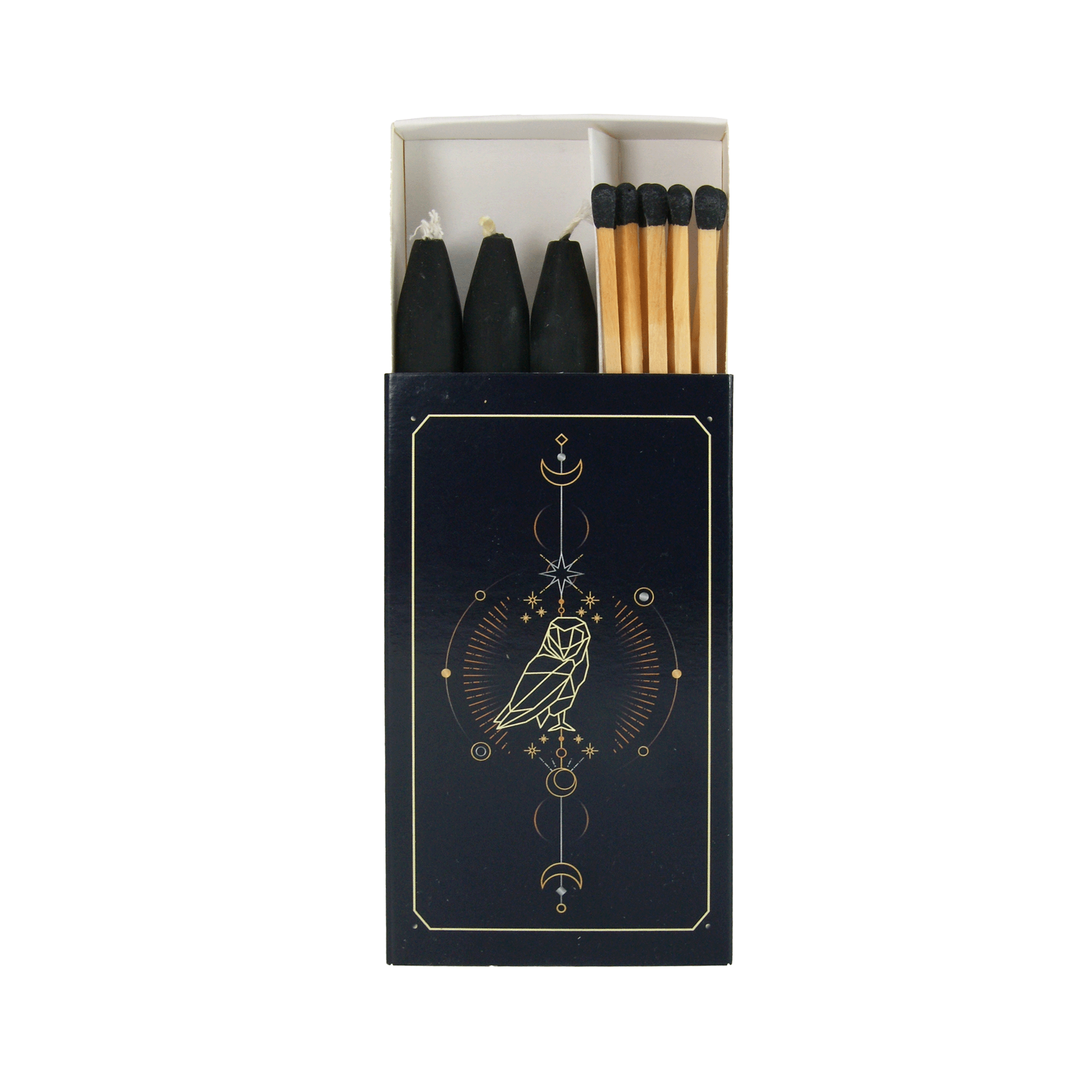 Verdancia-Ritual-Set „Die Eule – Hüterin der Geheimnisse“ – Schwarze Kerzen & lange Streichhölzer-Kerzen-Black-Deal-Outlet-by-ARCHIVIST