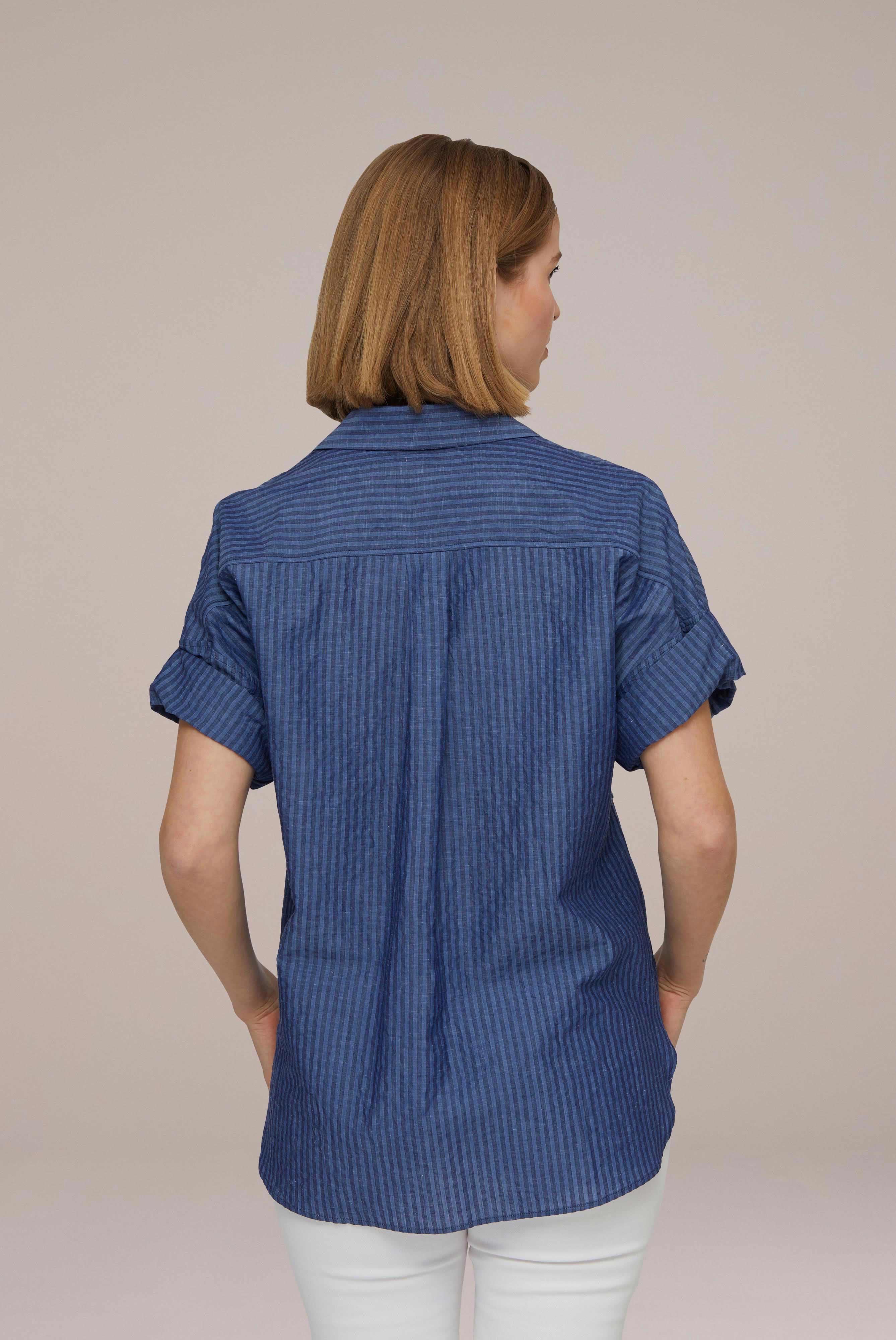 Van Laack-Kurzarm Bluse Modern Fit aus Baumwolle und Leinen Blau gestreift-Hemden & Blusen-Black-Deal-Outlet-by-ARCHIVIST