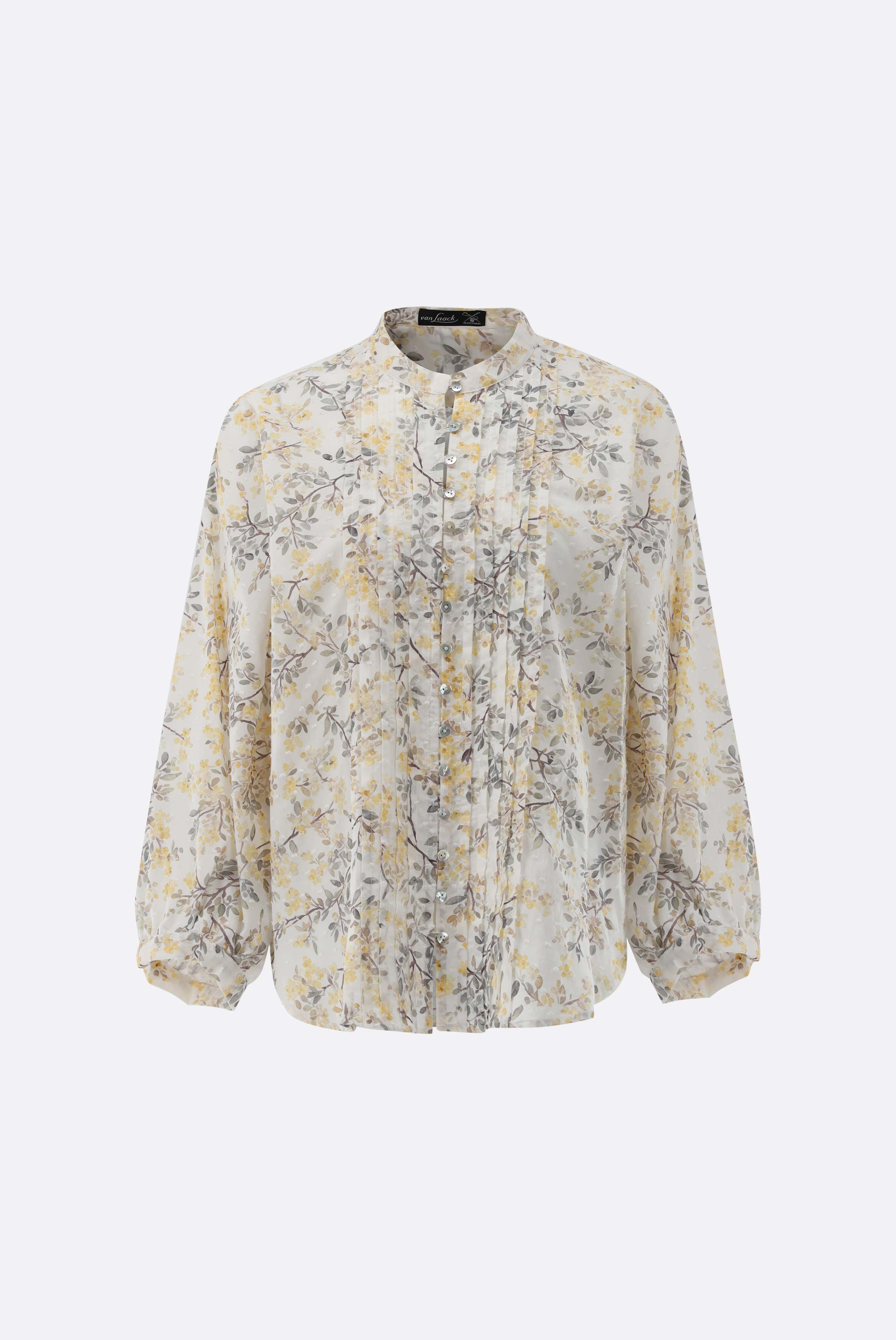 Stand-up collar blouse with pleats on the front