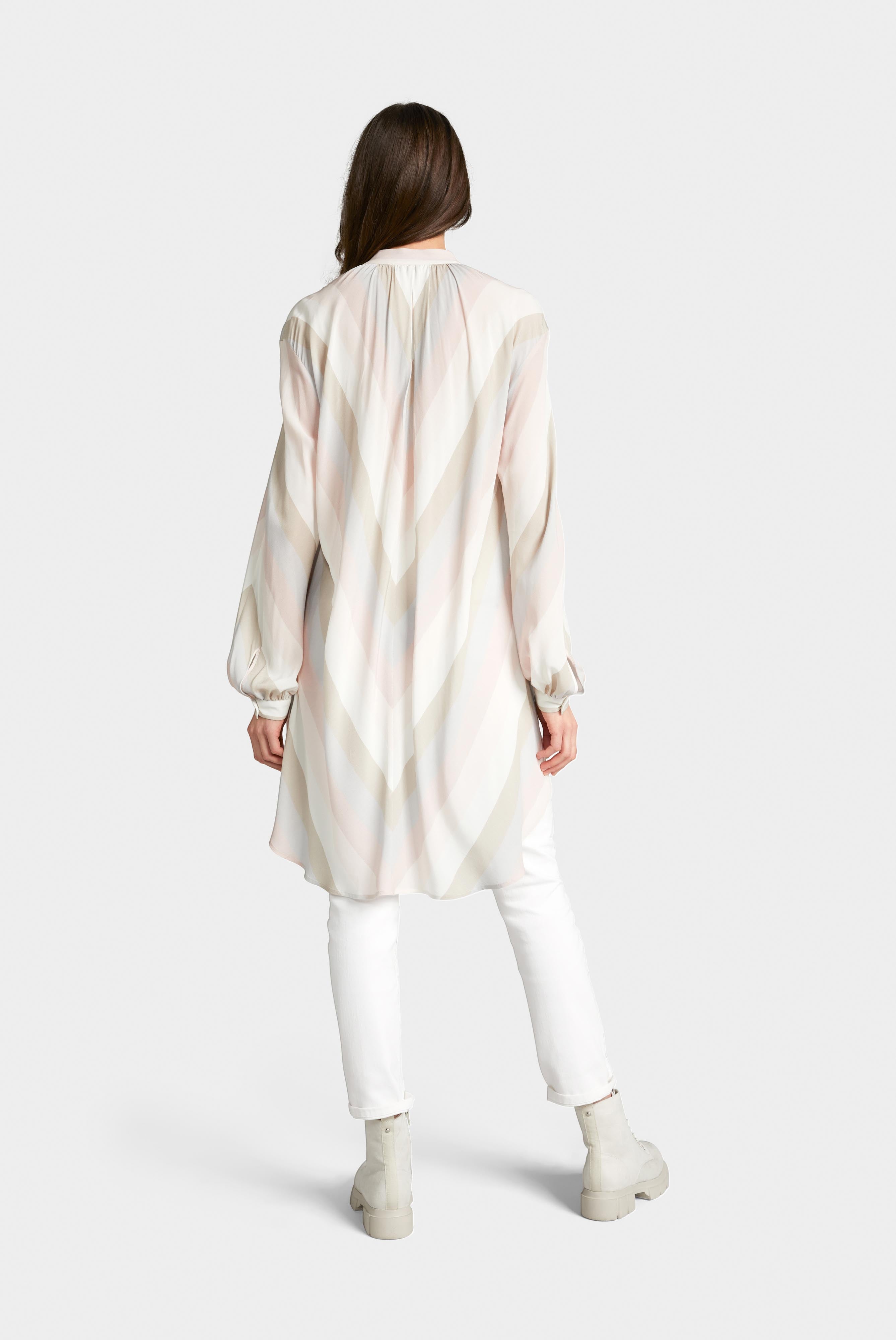Lange Bluse mit Stehkragen Streifen-Druck Beige/Rosa