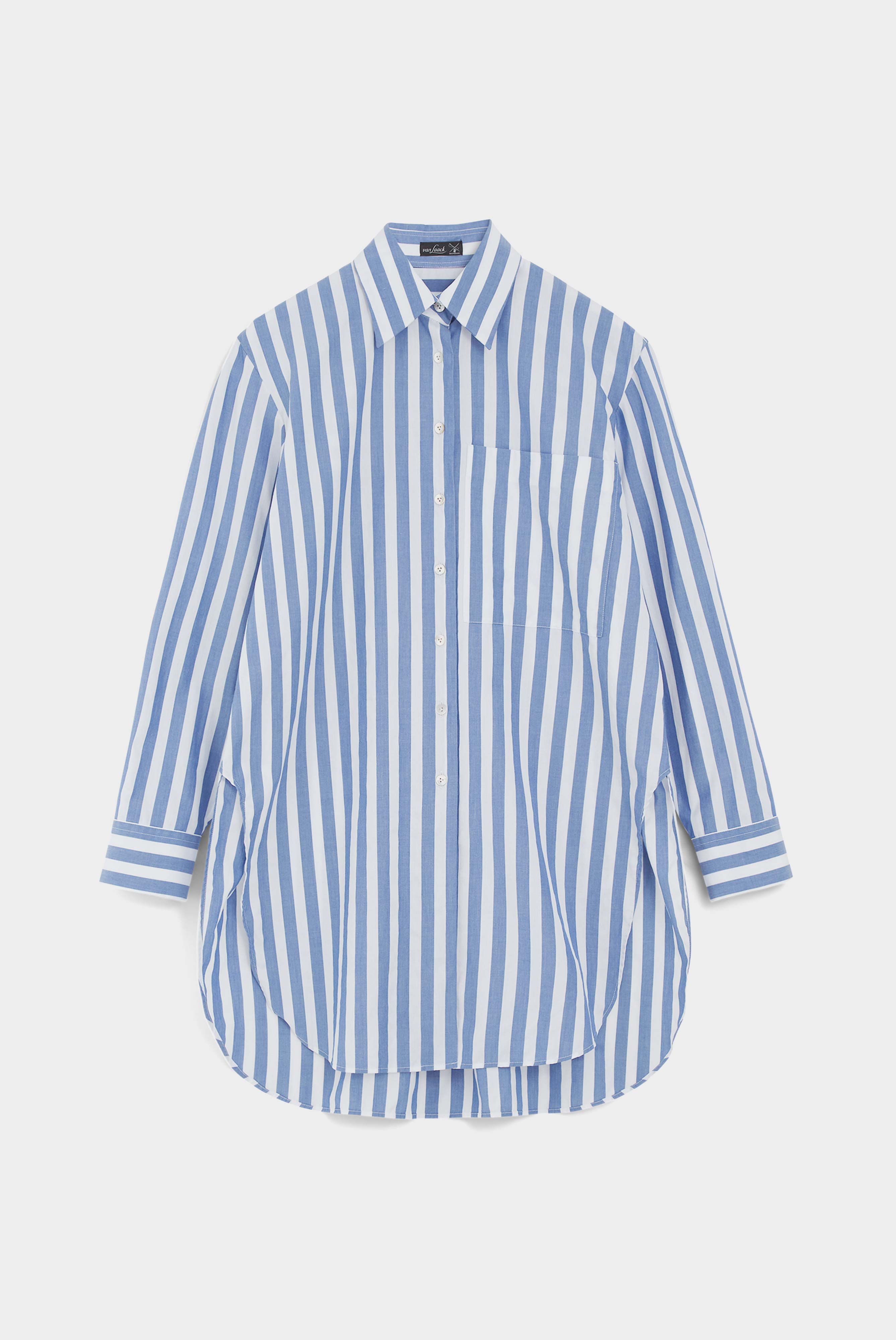 Loose-fitting cotton shirt blouse with pocket and denim stripes, white/blue