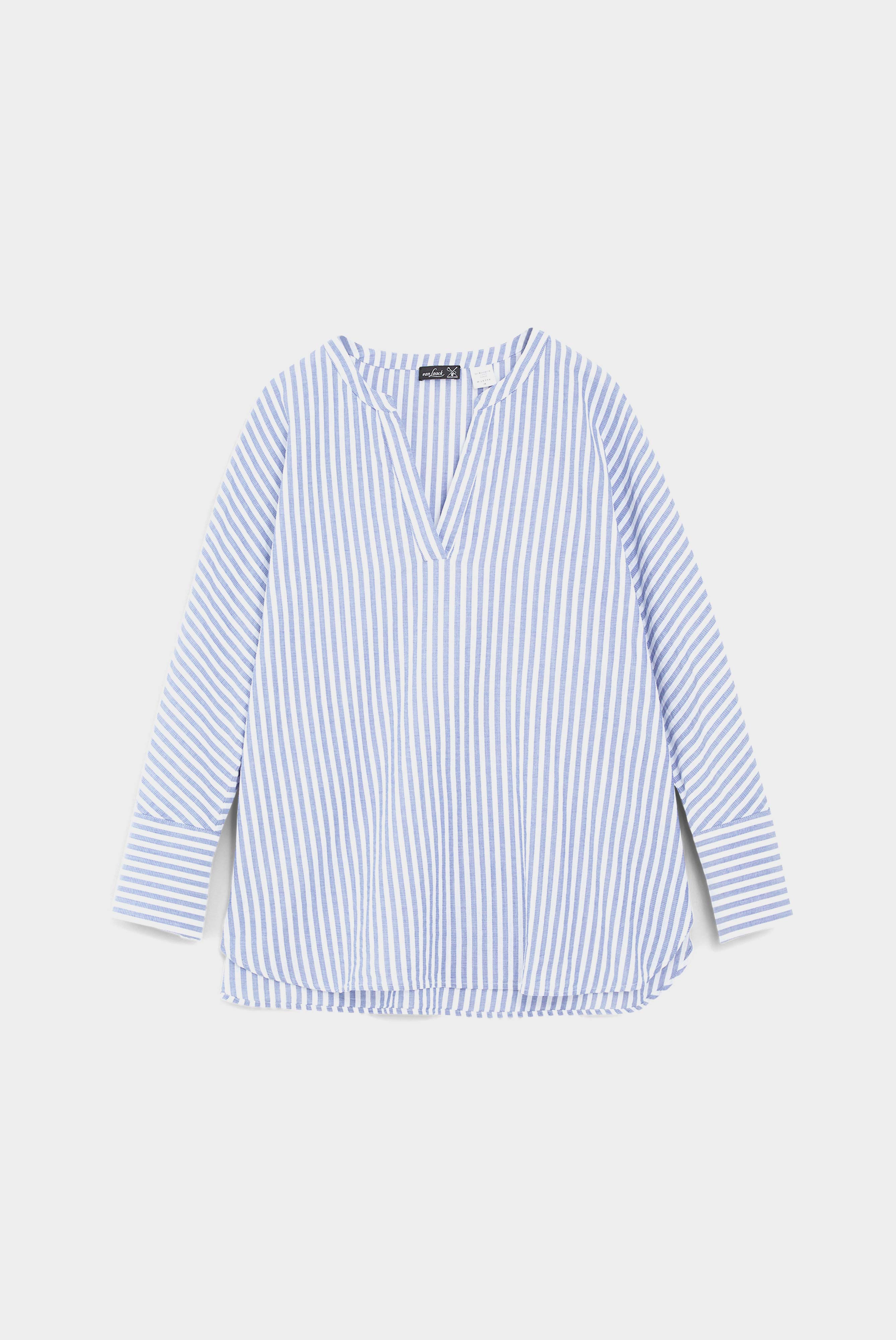 Casual collarless cotton blouse, blue striped