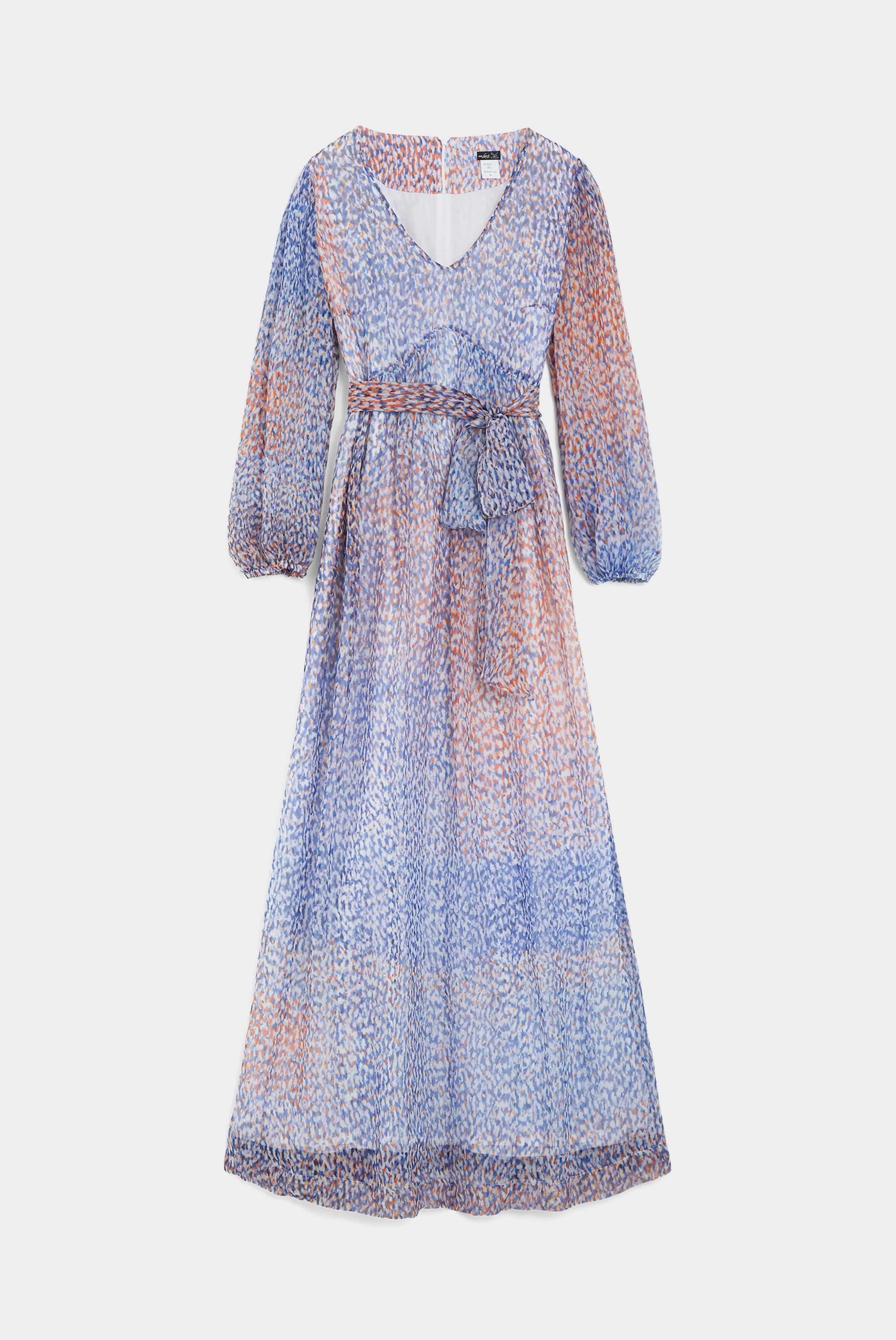 Elegant silk maxi dress in crepe de chine with a blue/orange print pattern
