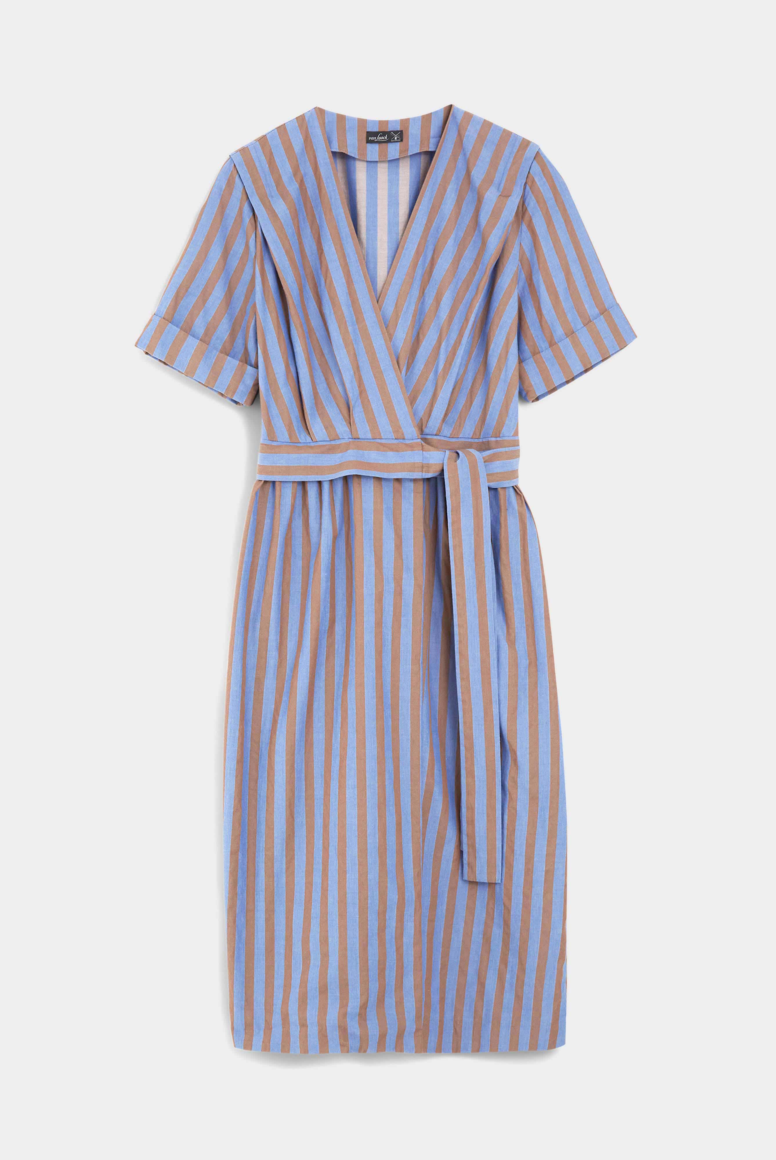 Summery cotton midi dress, striped, brown and blue