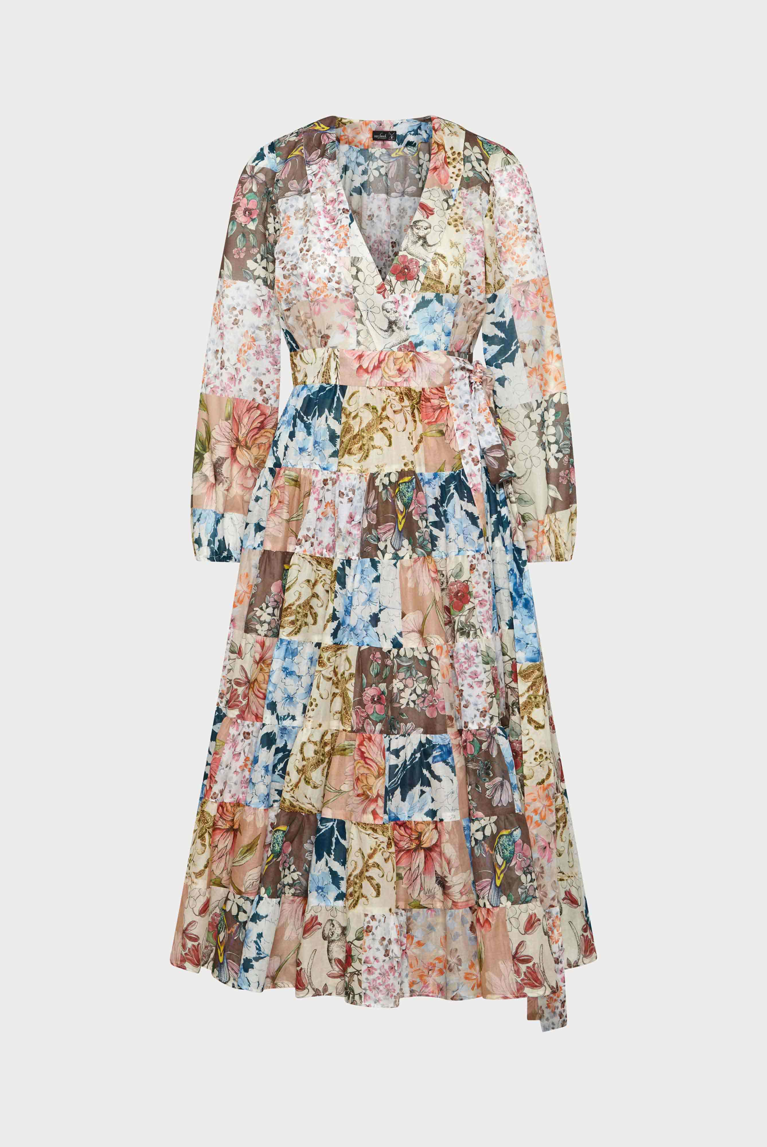 Midi-Wickelkleid mit Puffärmeln und Blumen-Patchwork-Druck