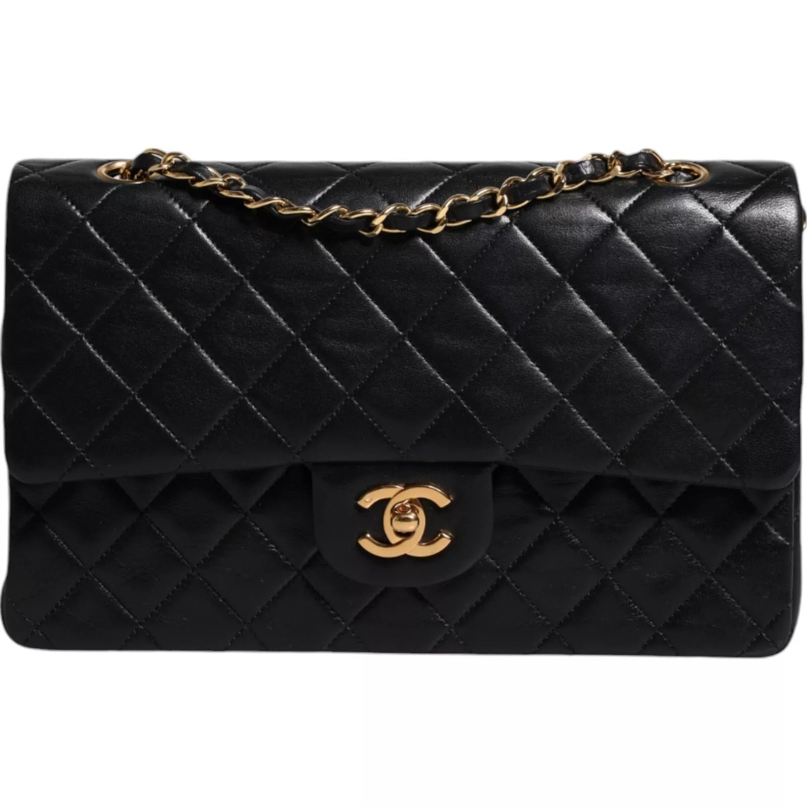 Black Lambskin Medium Classic Double Flap Quilted Gold Shoulder Bag