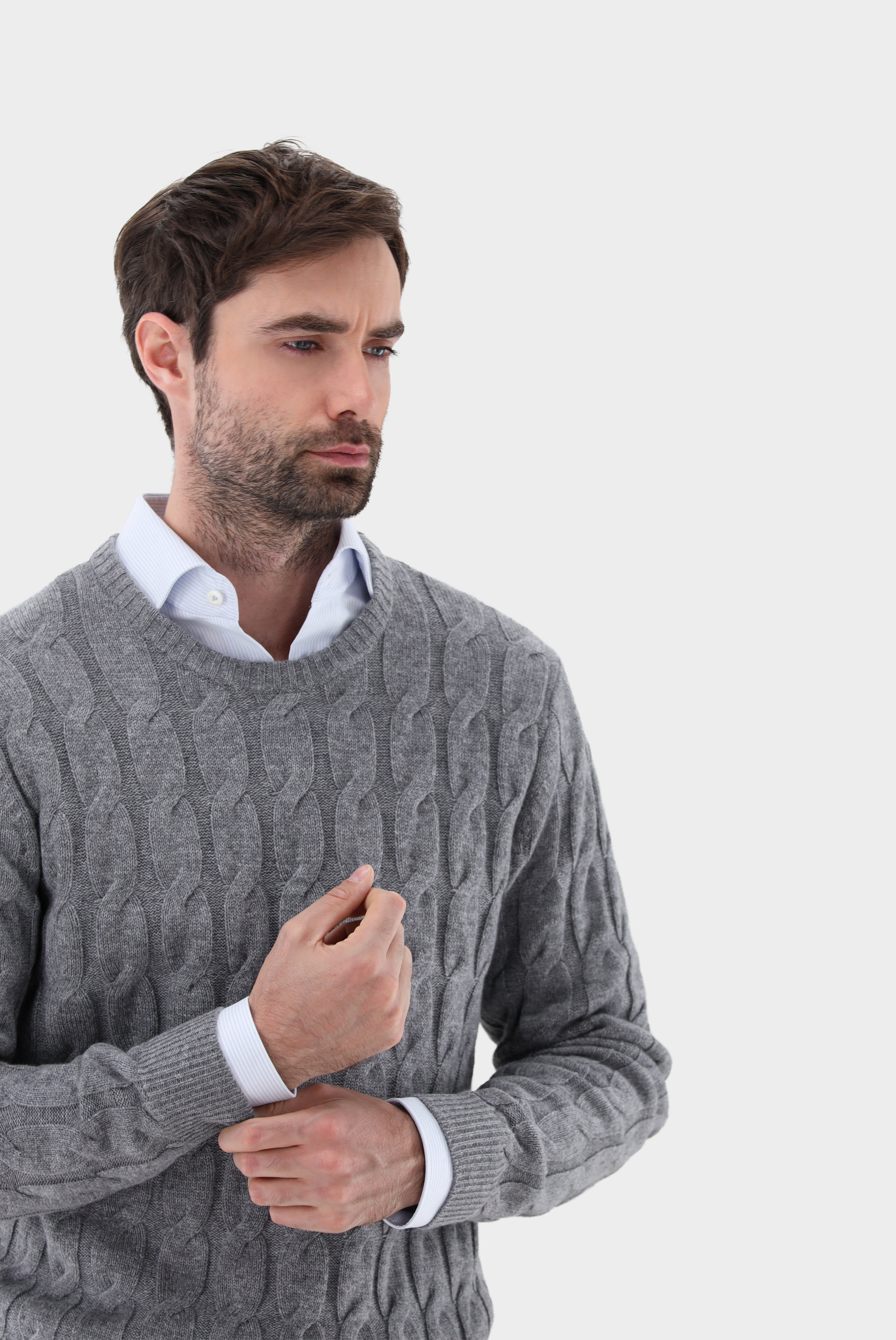 Rundhals Pullover mit Zopfmuster und Kaschmir