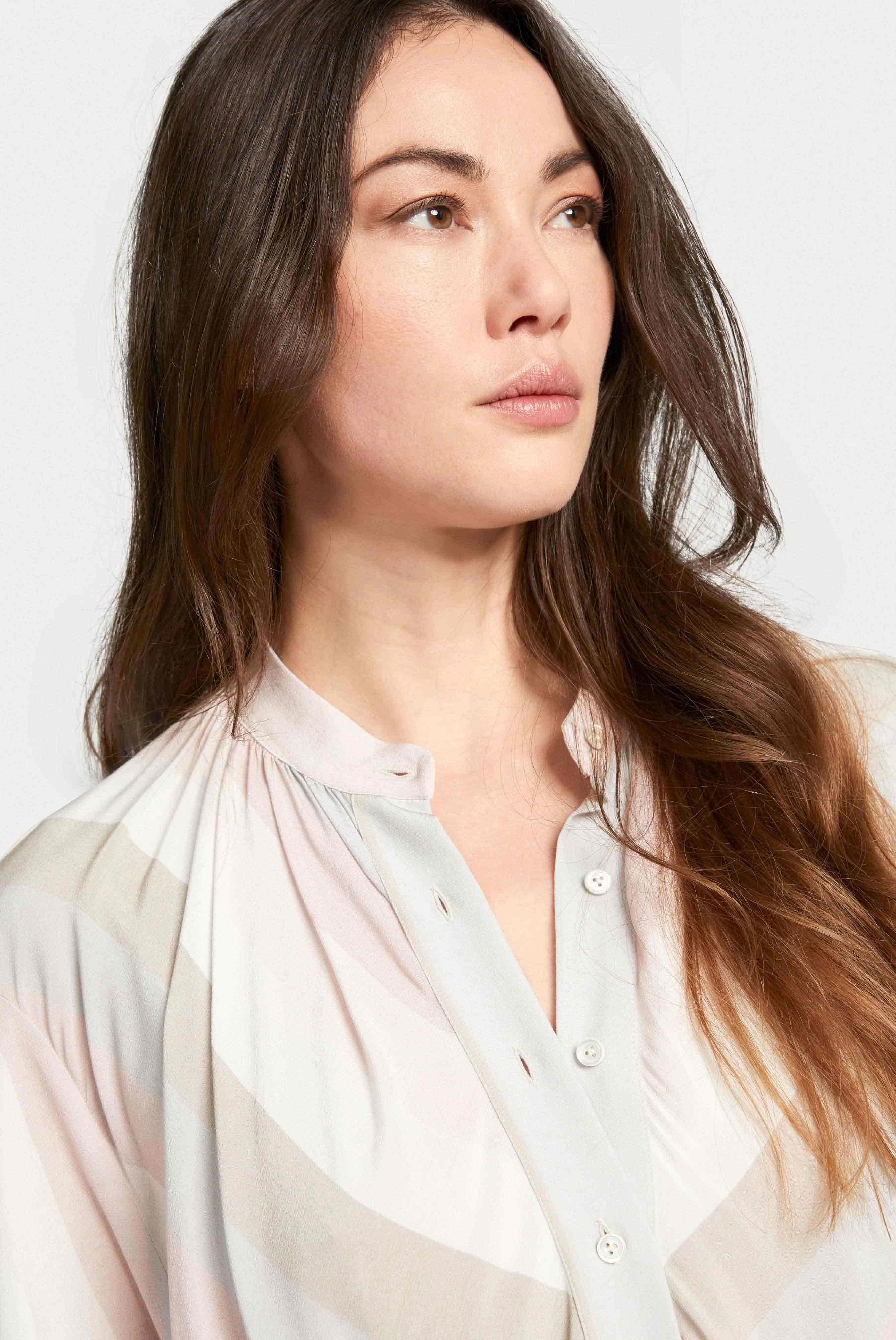 Lange Bluse mit Stehkragen Streifen-Druck Beige/Rosa