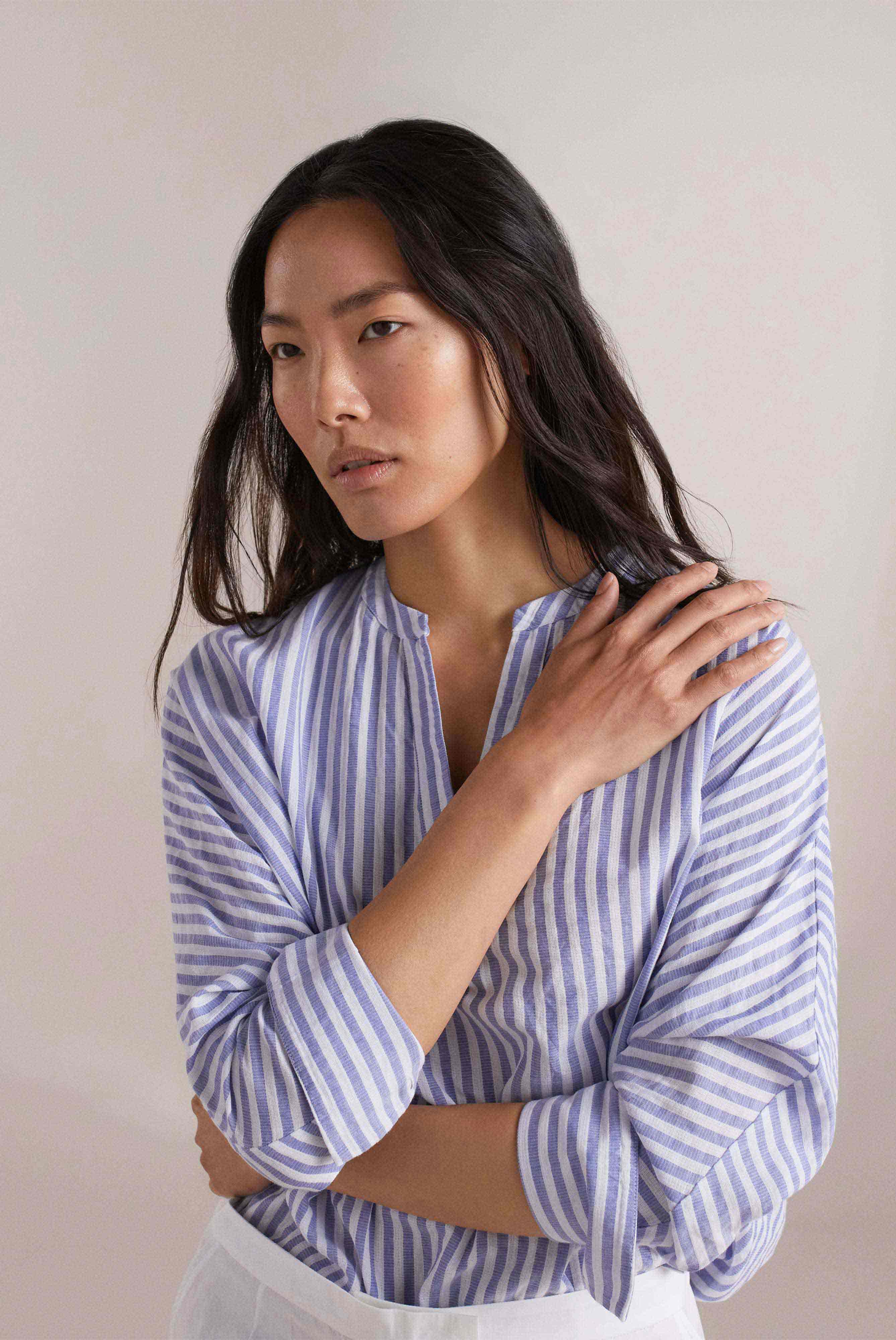 Casual collarless cotton blouse, blue striped
