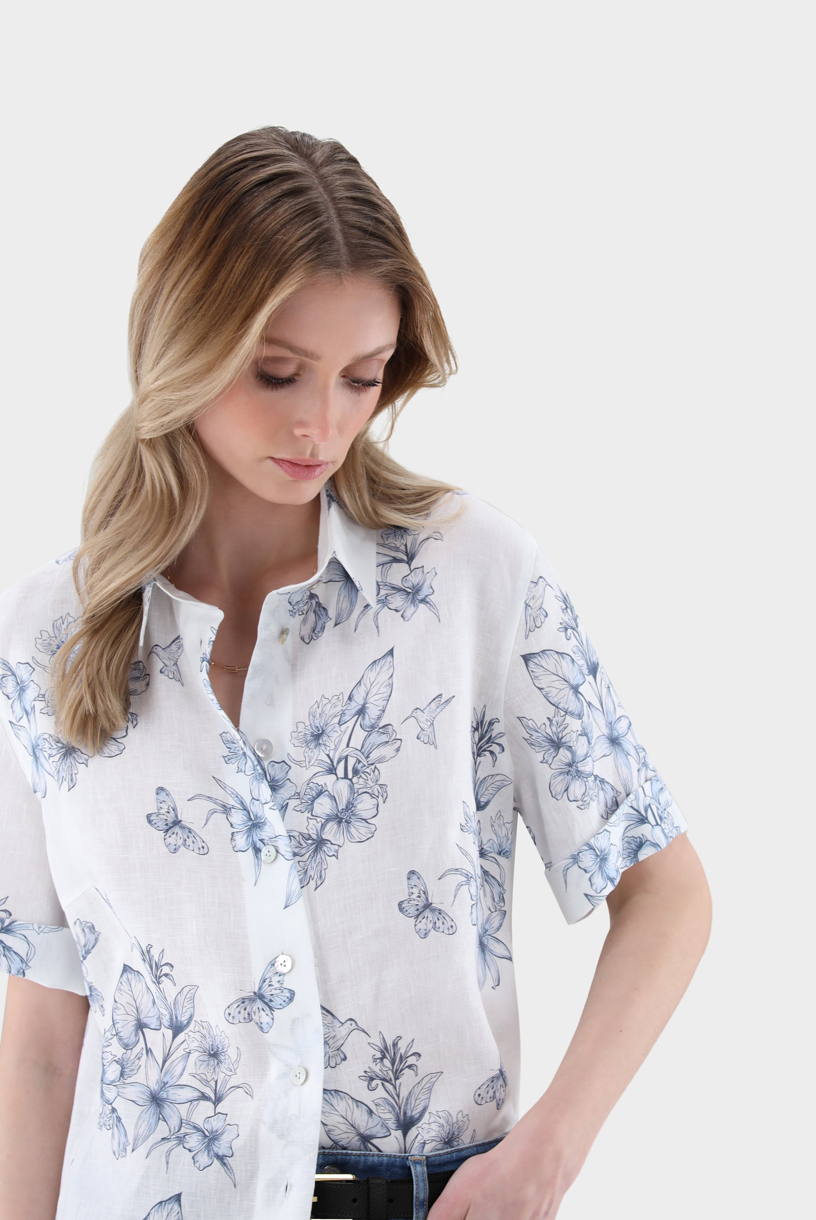 Van Laack-Kurzarm Hemdbluse aus Leinen mit Floralem Druck-Hemden & Blusen-Black-Deal-Outlet-by-ARCHIVIST