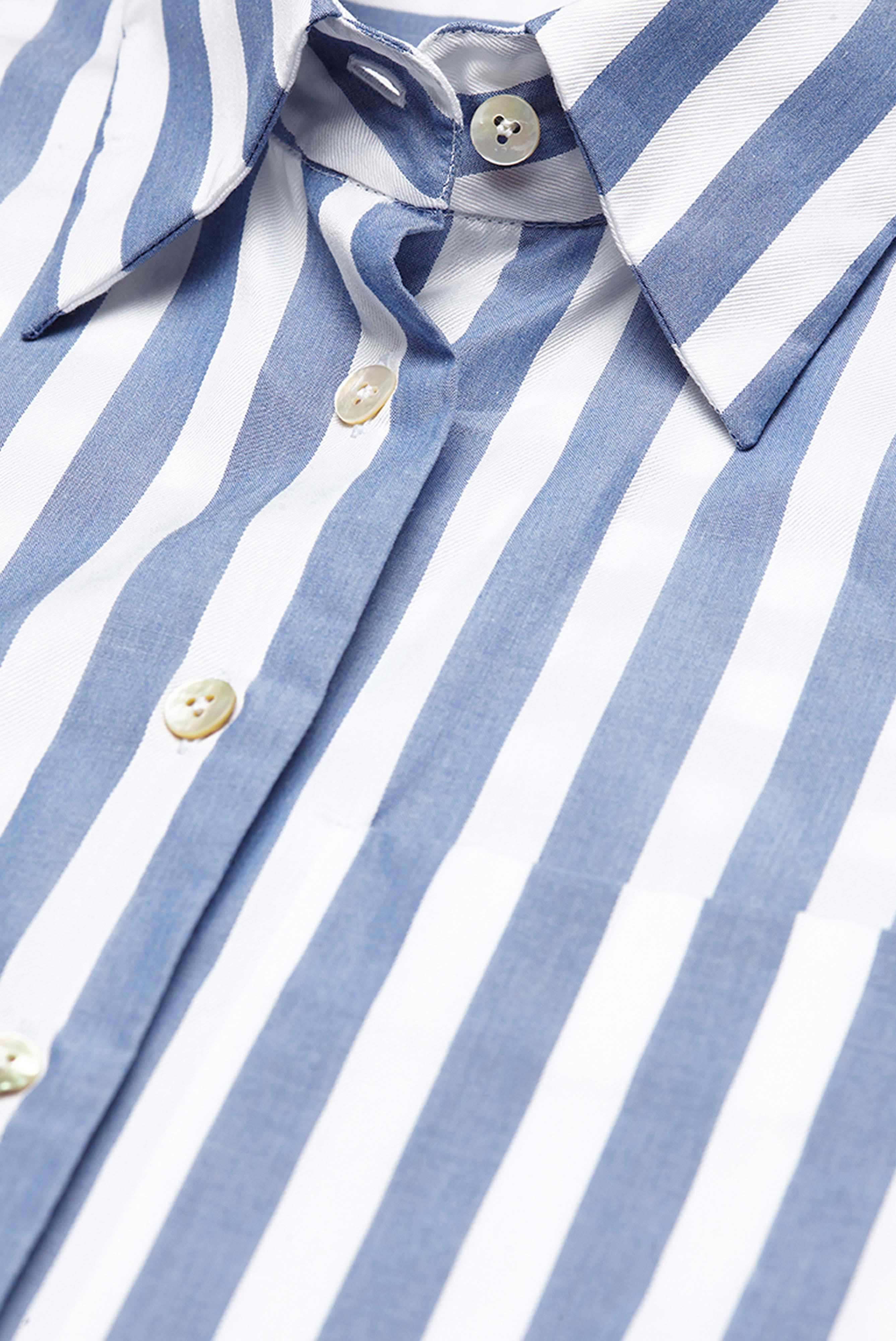 Loose-fitting cotton shirt blouse with pocket and denim stripes, white/blue