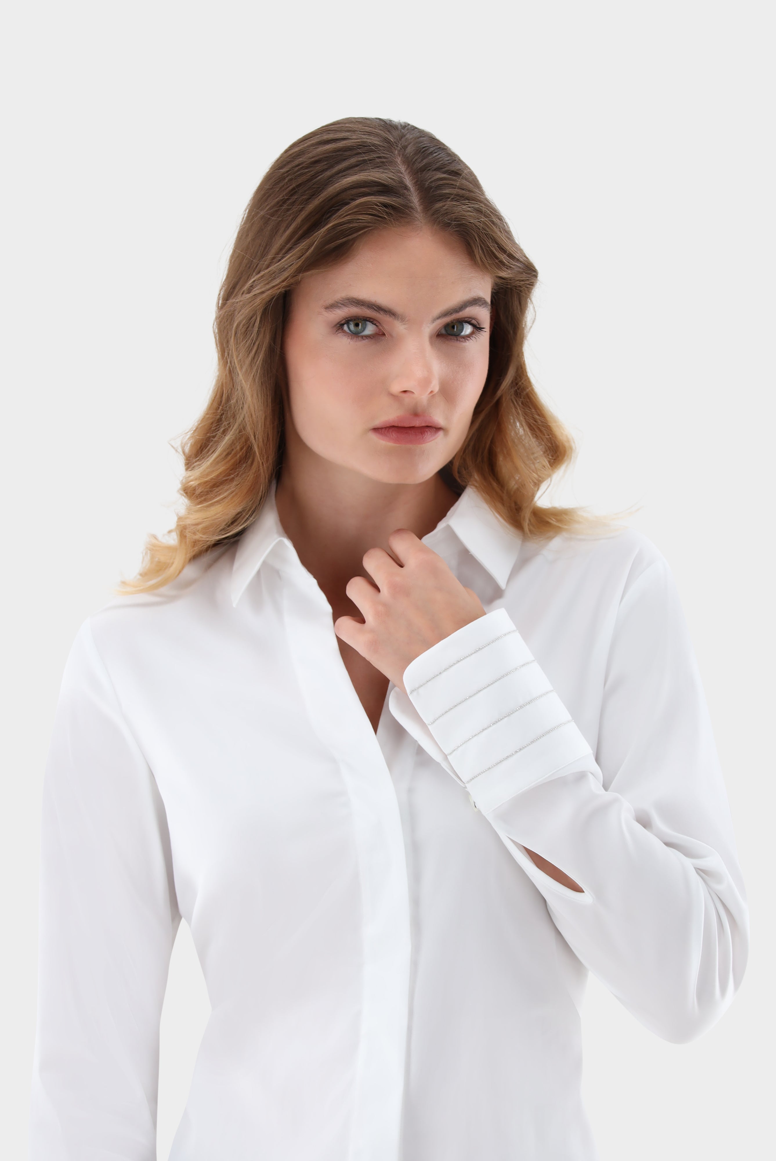 Fitted satin blouse with shimmering details