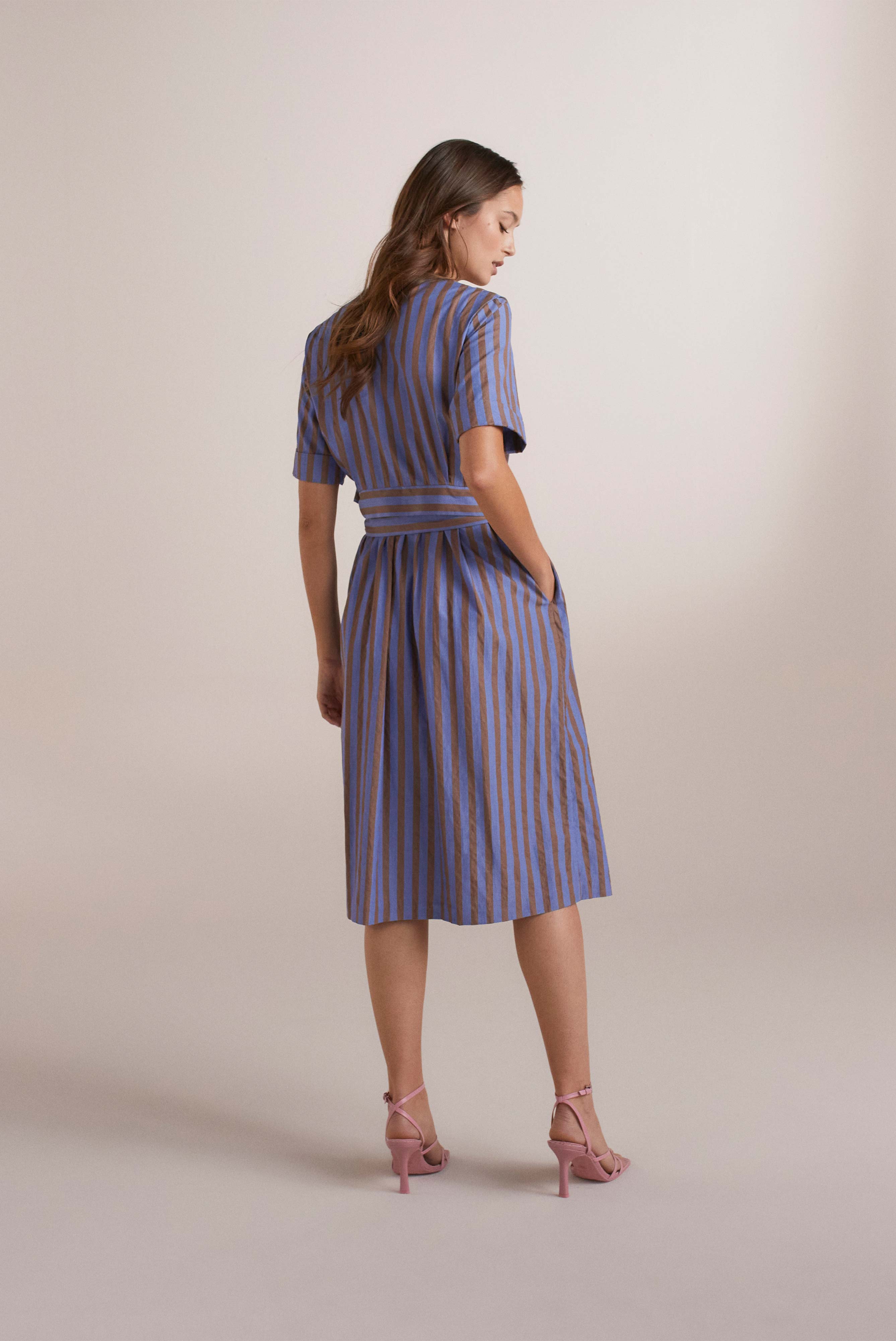 Summery cotton midi dress, striped, brown and blue