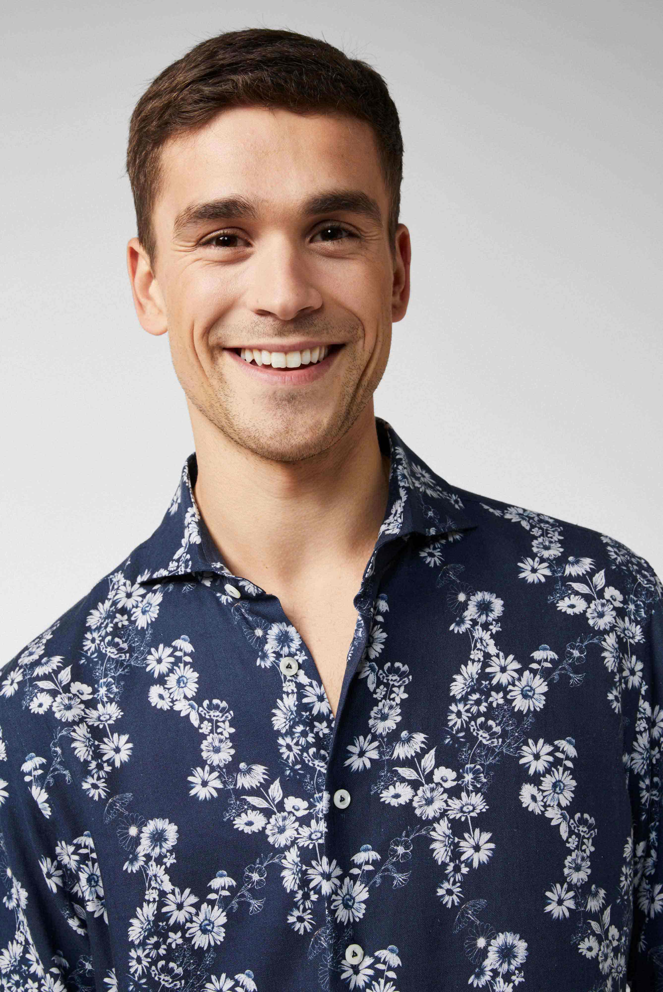 Hemd aus Leinenmischung mit Night Flower-Print Blau