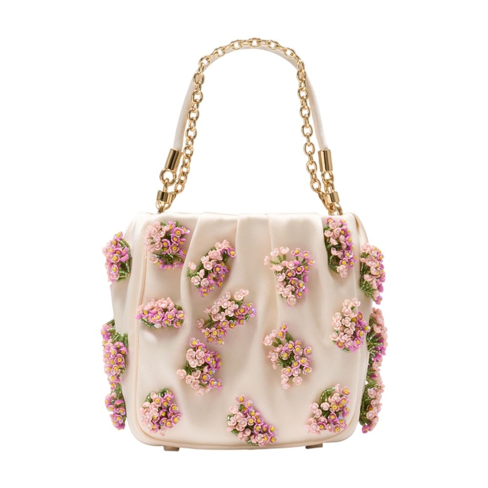 Handtasche mit Blumenmuster und Perlenverzierung – SELF PORTRAIT – Bast – Beige