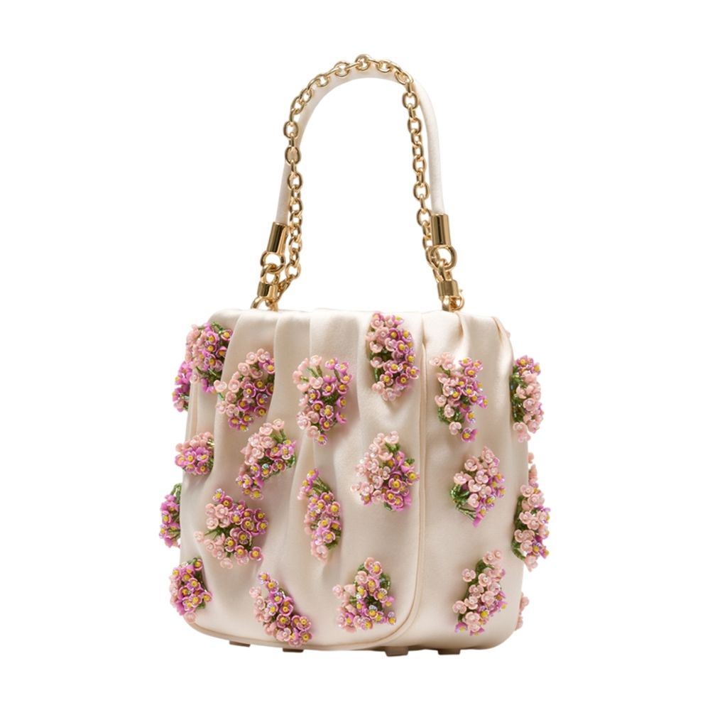 Handtasche mit Blumenmuster und Perlenverzierung – SELF PORTRAIT – Bast – Beige