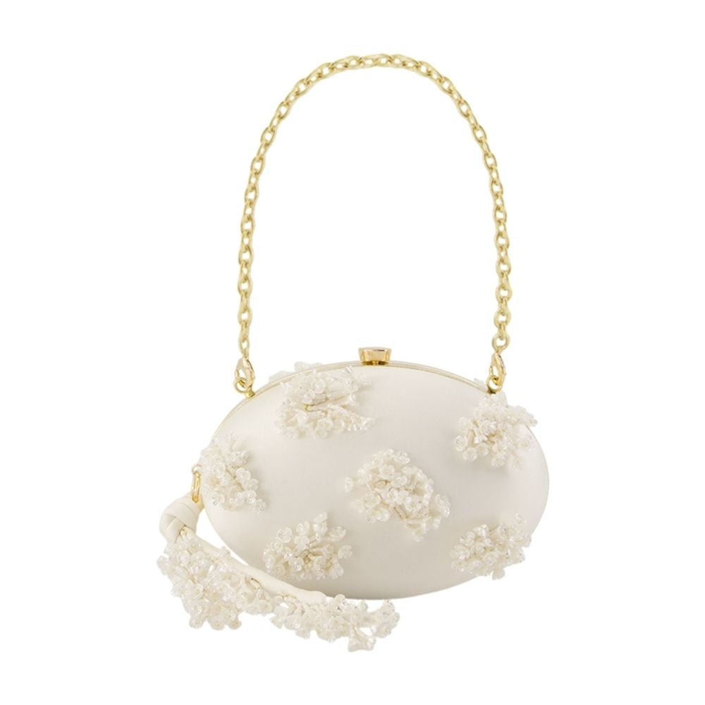 Ovale Tasche mit Blumenmuster und Perlenverzierung – SELF PORTRAIT – Kunstleder – Elfenbein