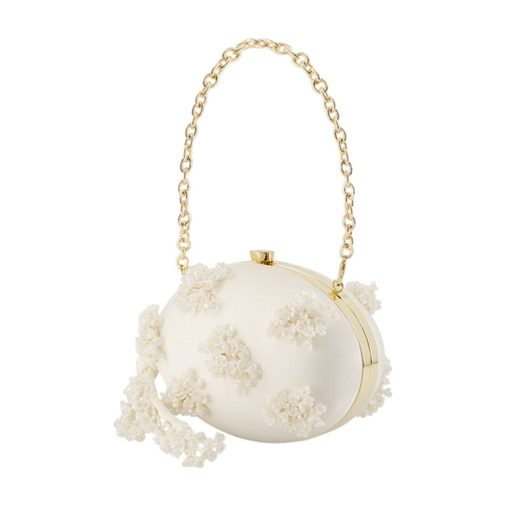 Ovale Tasche mit Blumenmuster und Perlenverzierung – SELF PORTRAIT – Kunstleder – Elfenbein