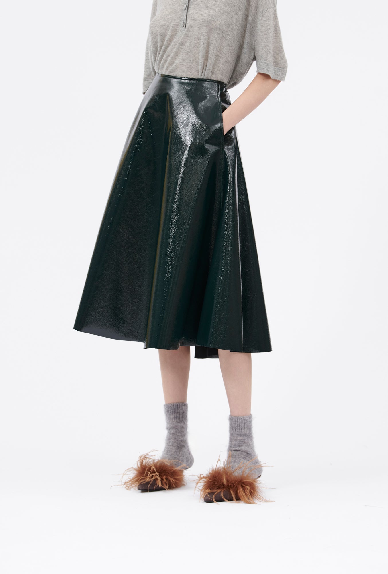 Laquered Wool Rock, Black Green-Kleider & Röcke-Odeeh-OUTLET-34-Black Green-ARCHIVIST-ARCHIVE-SALE