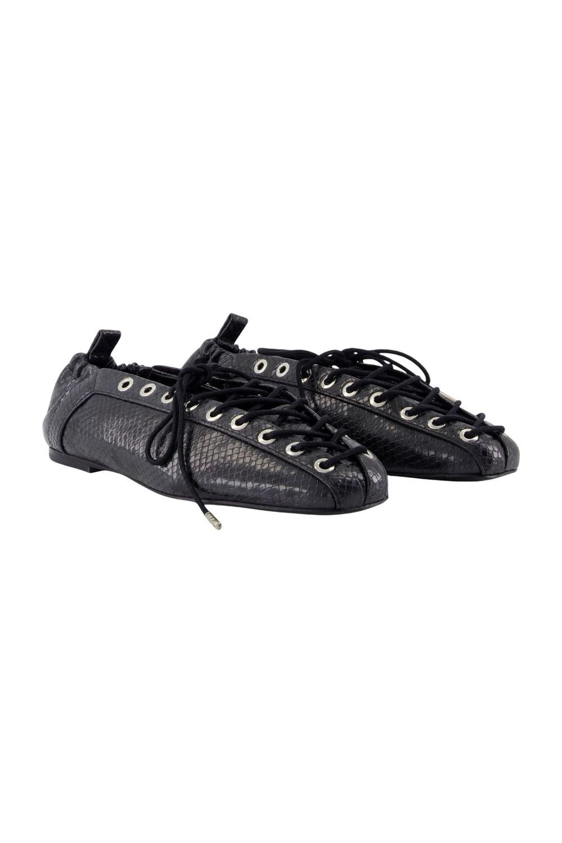 Ganni-Eyelets Lace Up Snake Ballerinas - Ganni - Synthetik - Schwarz-schuhe / flache-schuhe-Black-Deal-Outlet-by-ARCHIVIST