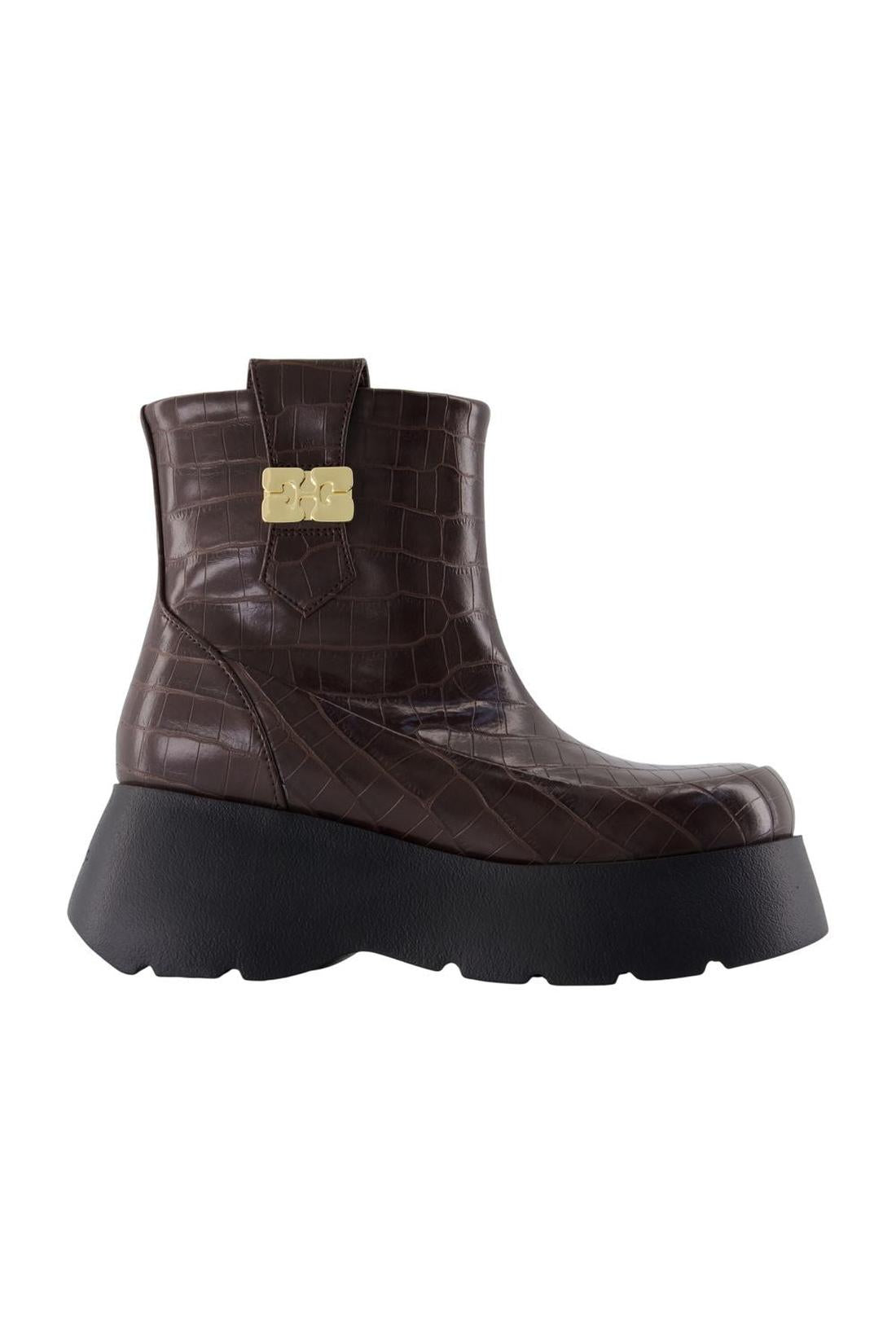 Ganni-Kat Low Croco Ankle Boots - Ganni - Leder - Braun-Stiefel & Stiefeletten-Black-Deal-Outlet-by-ARCHIVIST