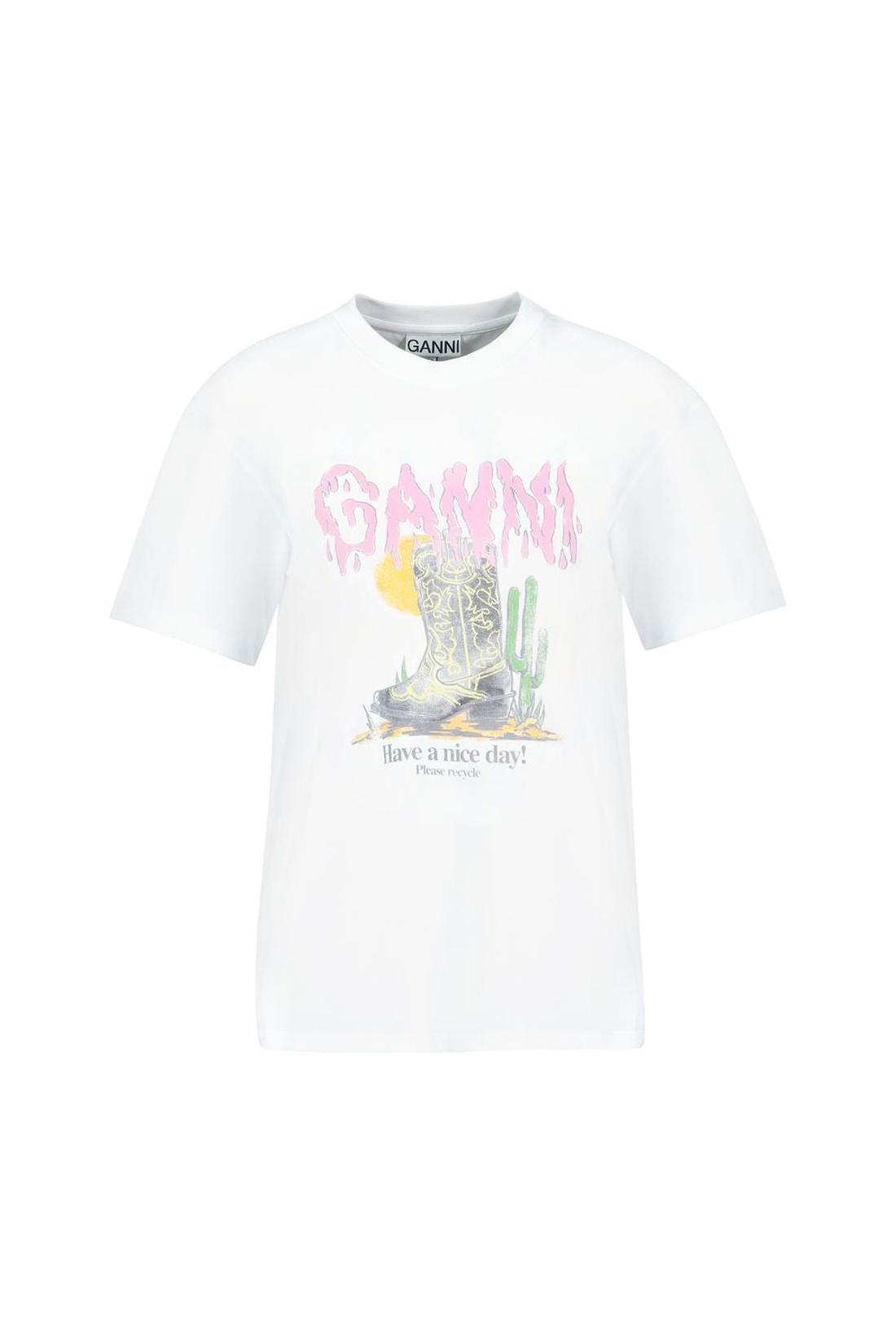 Boots Print T-Shirt - Ganni - Baumwolle - Weiß