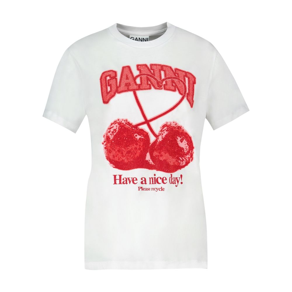 Basic-T-Shirt „Cherry With Caviar“ – Ganni – Baumwolle – Weiß