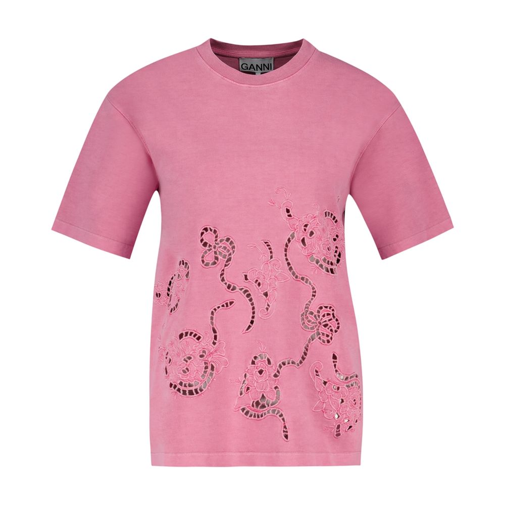T-Shirt mit Stickerei – Ganni – Baumwolle – Rosa