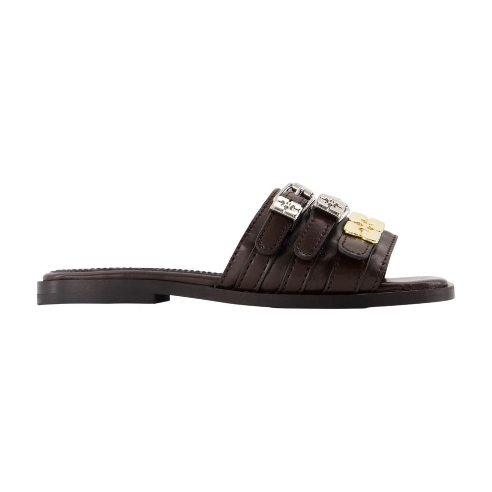 Sandalen „Sue Triple Flat Crinkle“ – Ganni – Synthetik – Braun