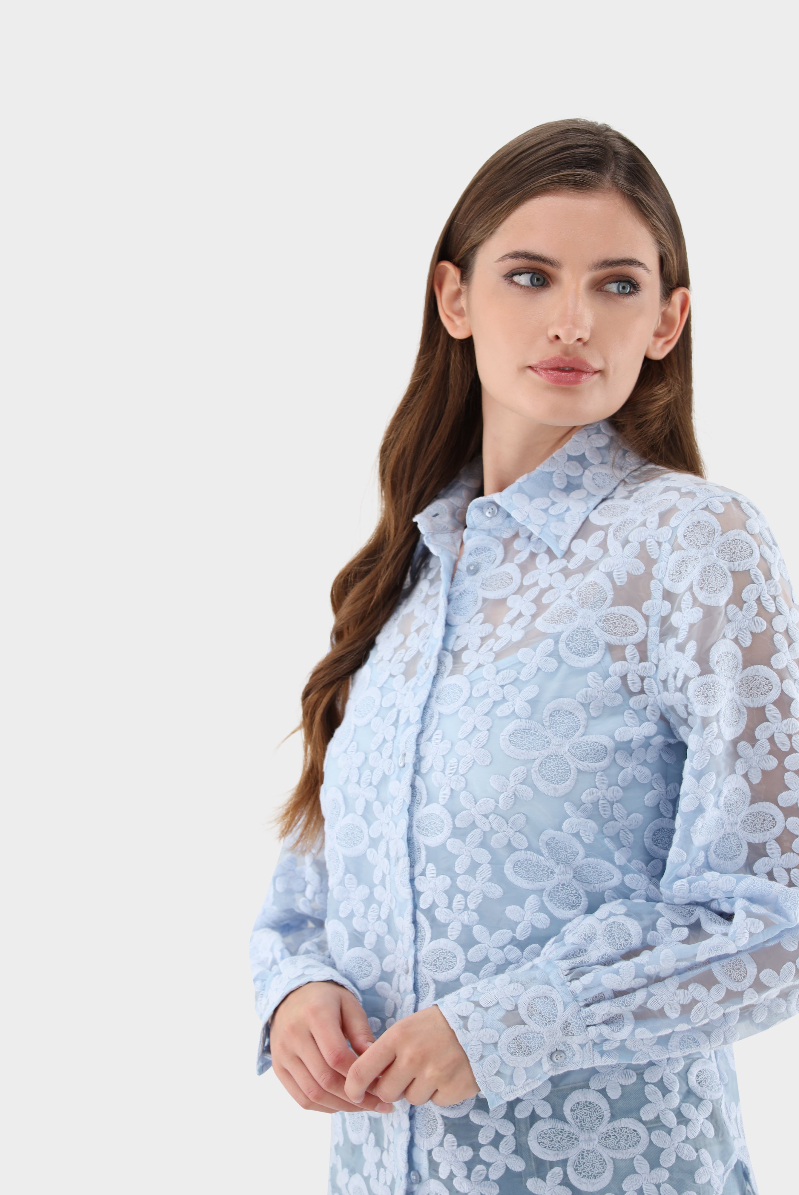 Hemdbluse mit Blousonärmeln und besticktem Organza