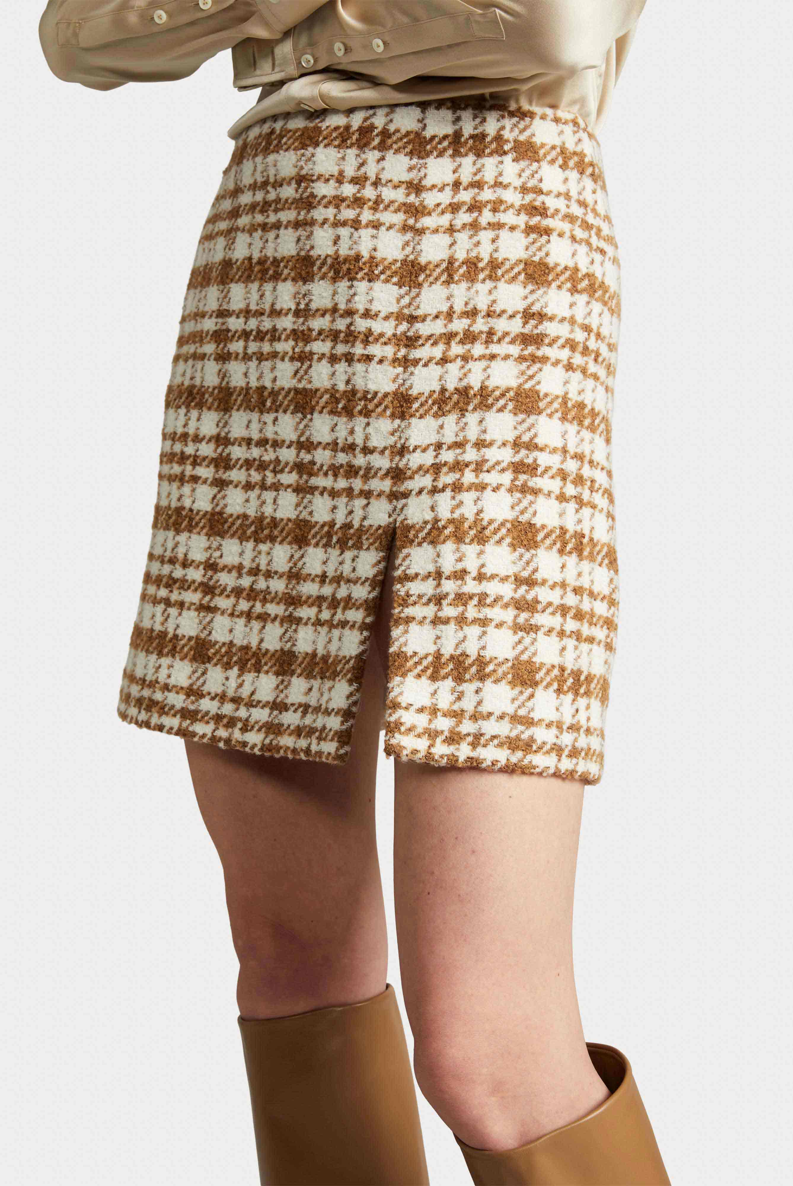 Rock aus aus Woll-Boucle Braun/Weiß Kariert