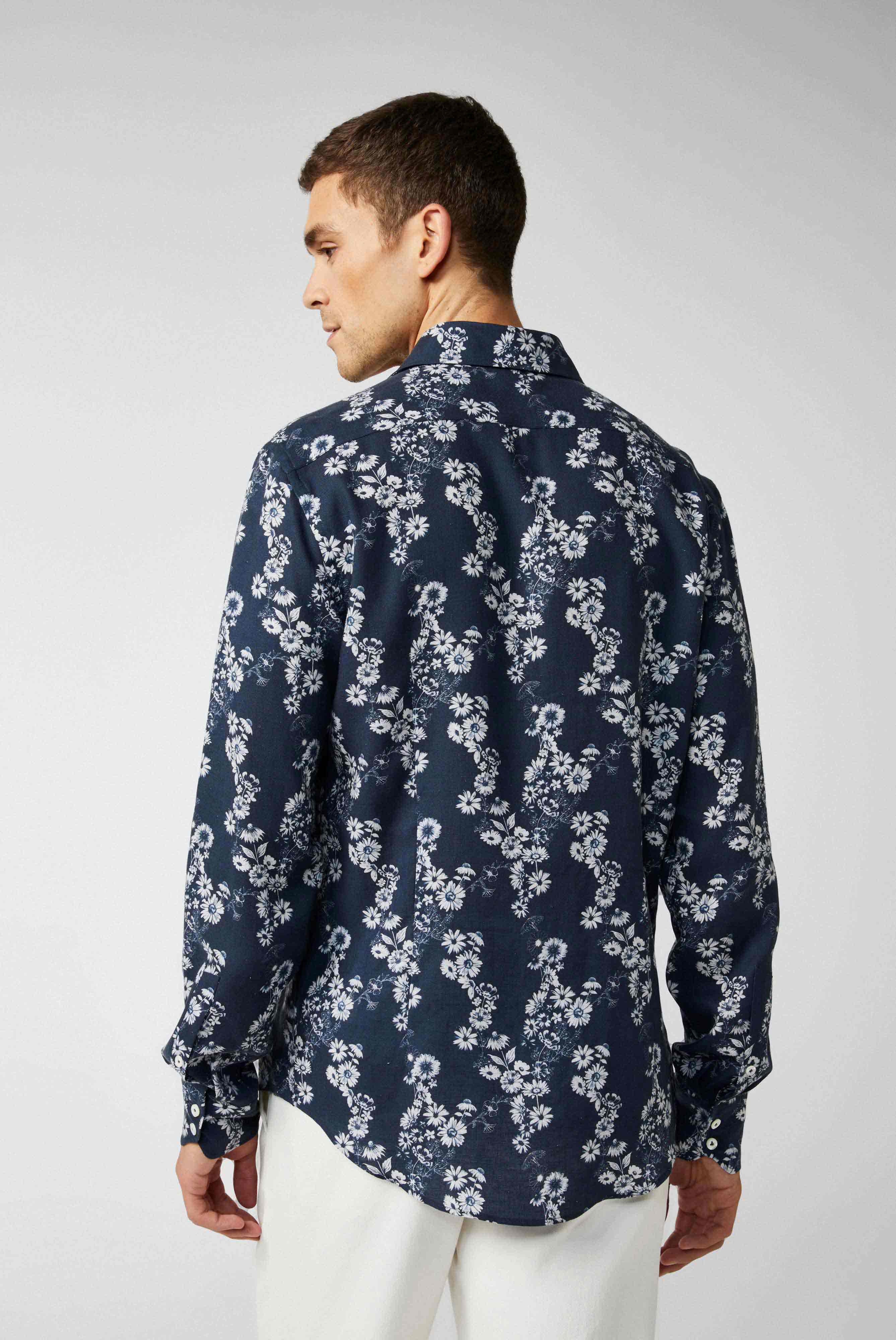 Hemd aus Leinenmischung mit Night Flower-Print Blau