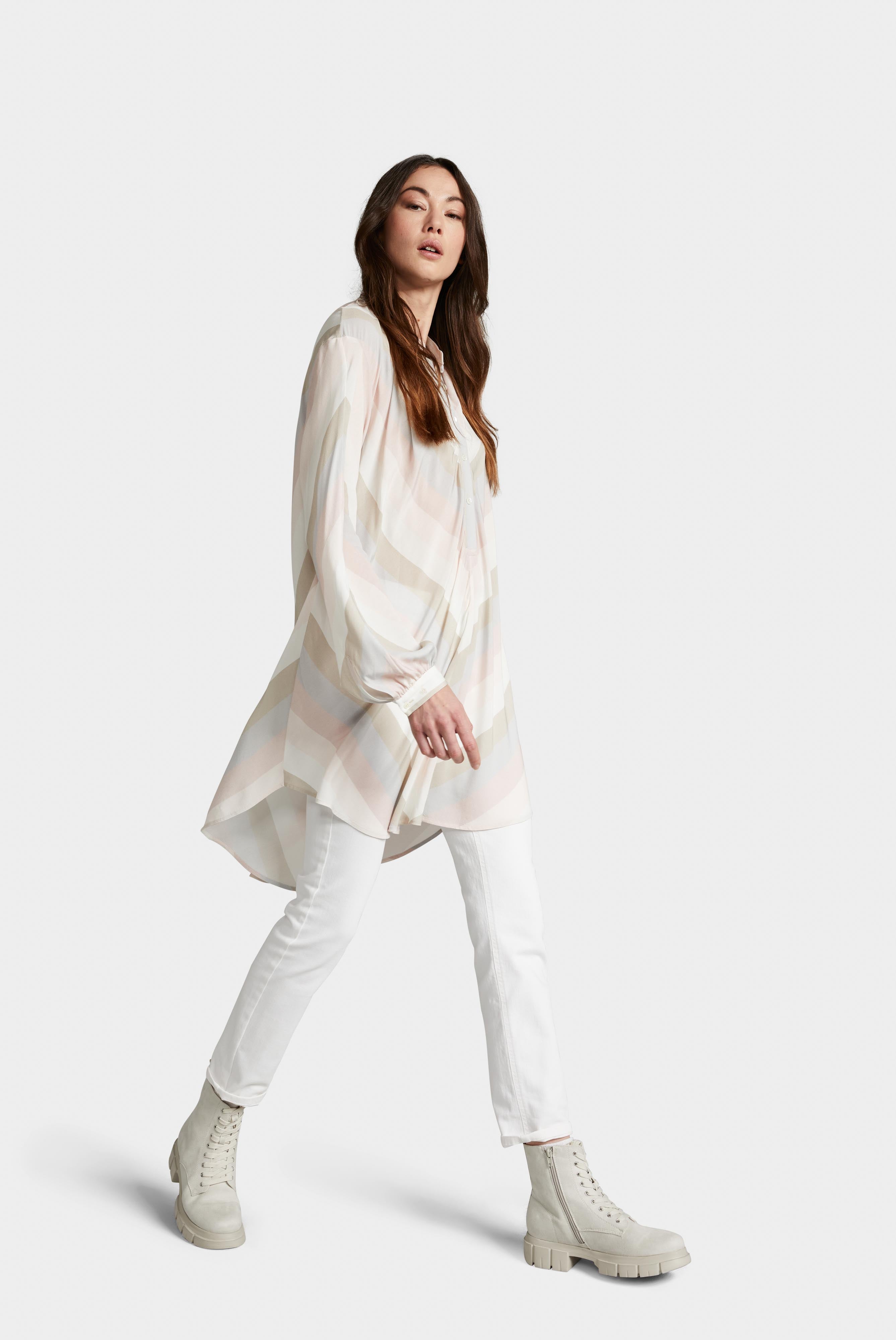 Lange Bluse mit Stehkragen Streifen-Druck Beige/Rosa