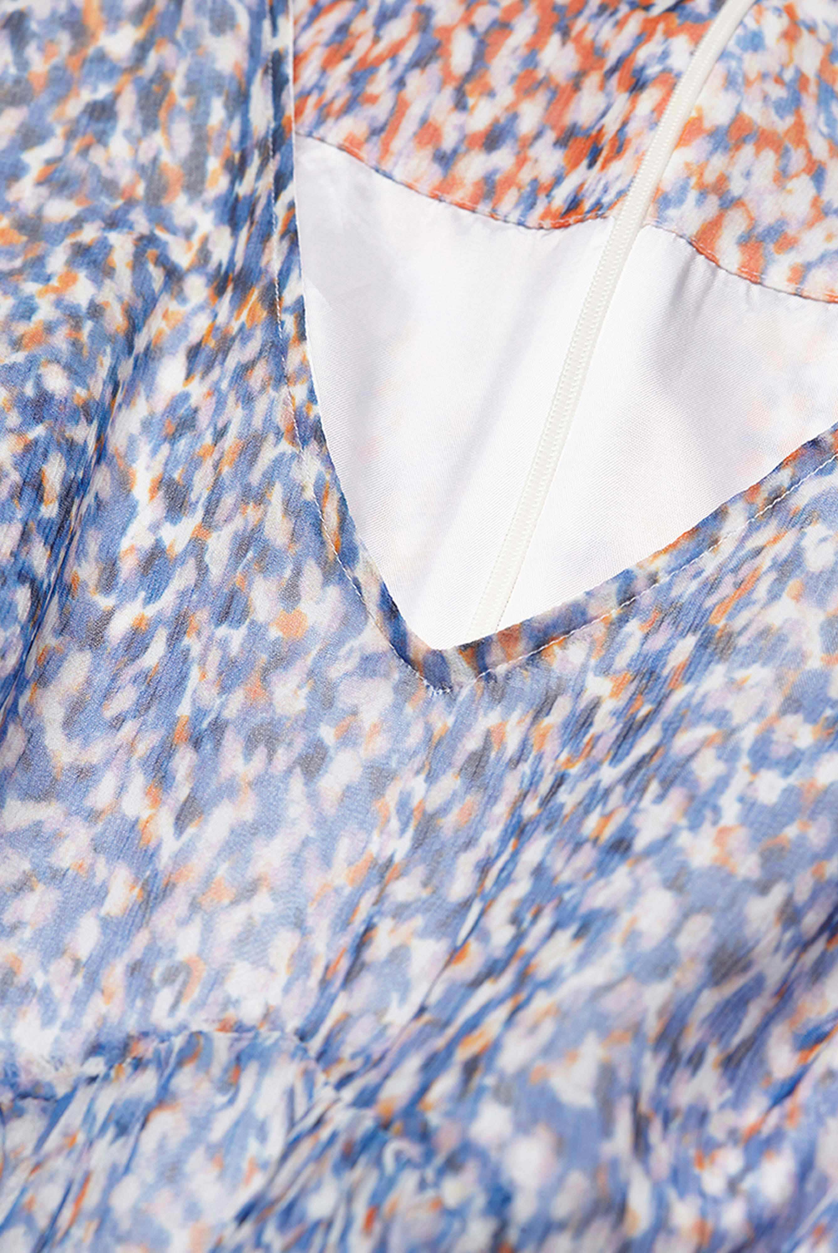 Elegant silk maxi dress in crepe de chine with a blue/orange print pattern