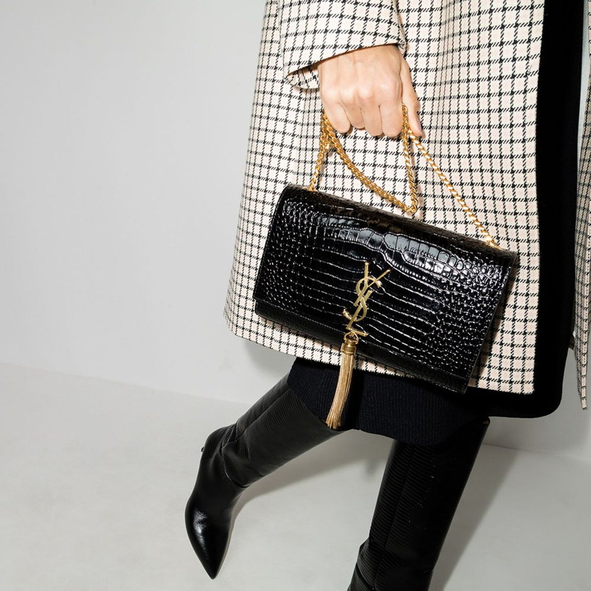 Saint Laurent-Saint Laurent Kate Medium Tassel Crocodile Embossed Leather Bag-WOMEN BAGS-Black-Deal-Outlet-by-ARCHIVIST