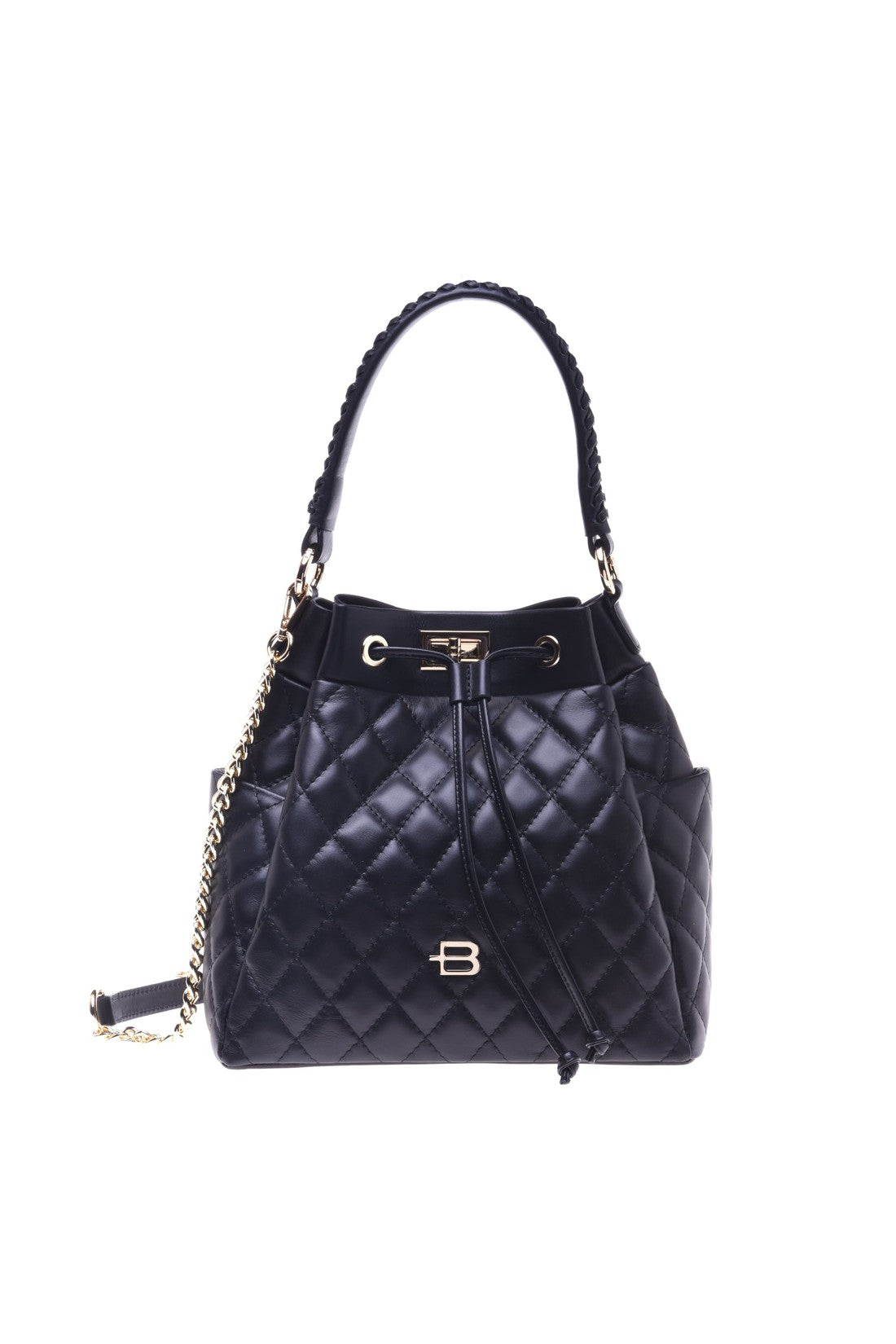 Black quilted leather bucket bag