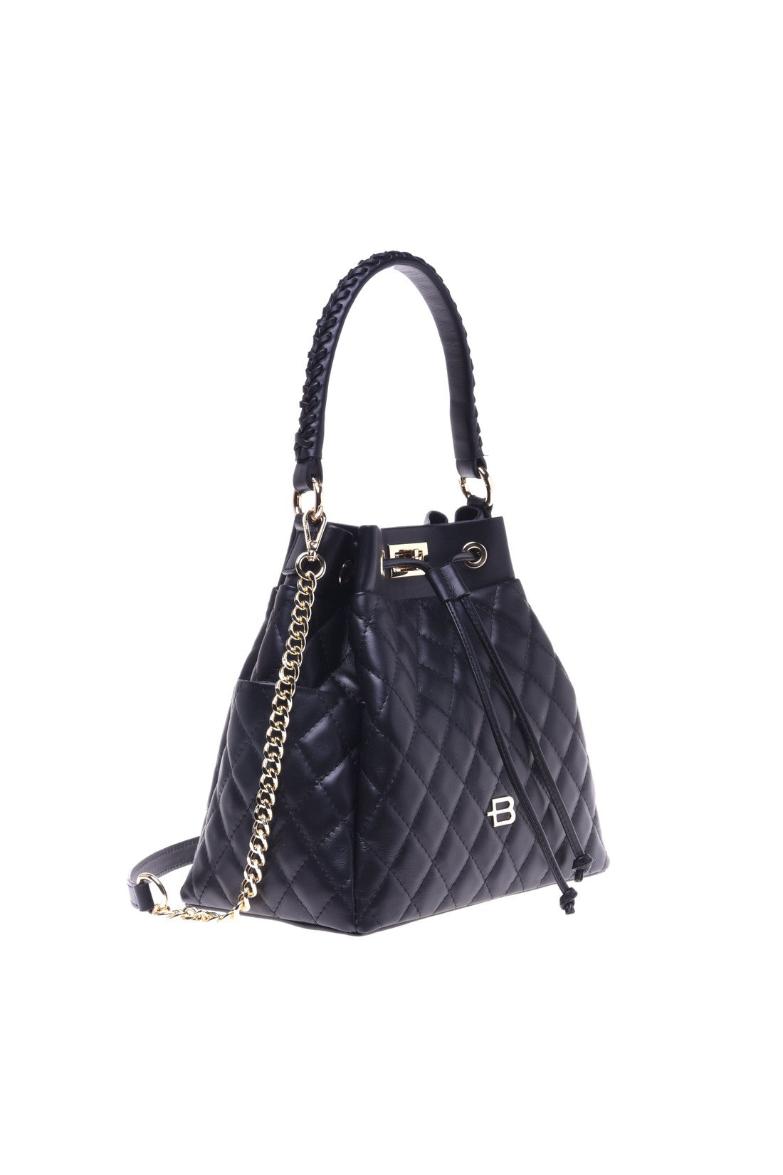 Black quilted leather bucket bag