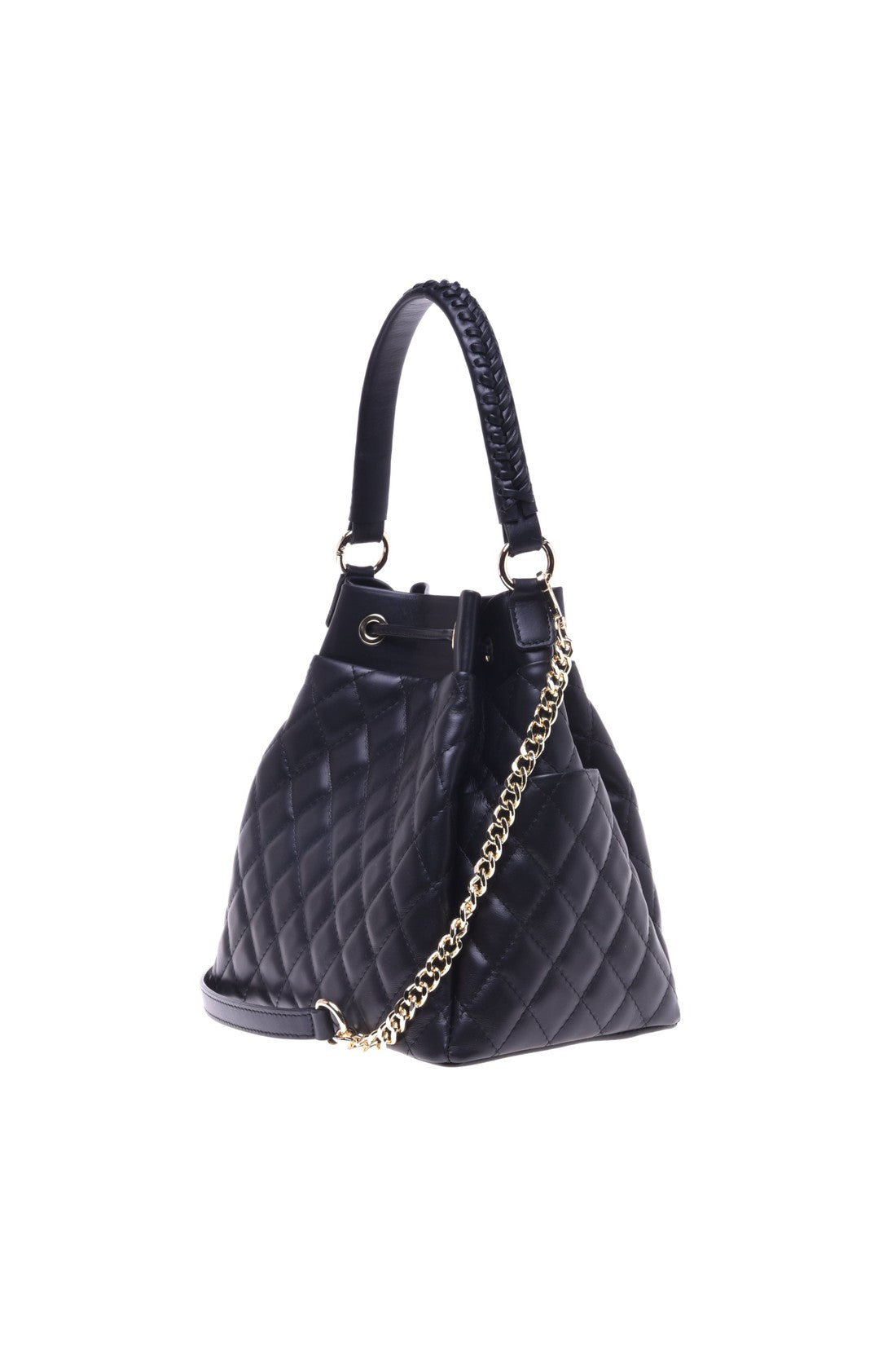 Black quilted leather bucket bag