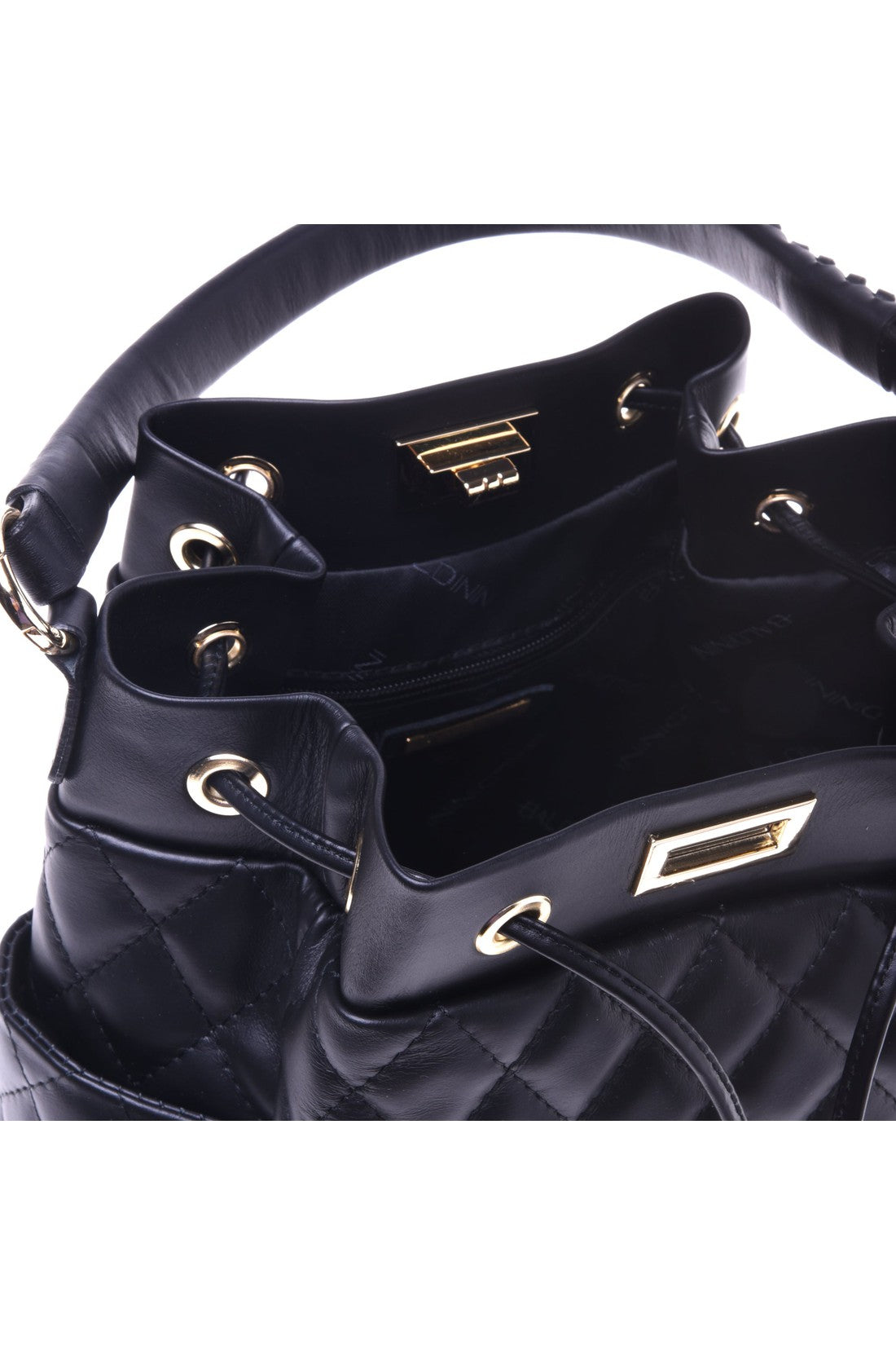 Black quilted leather bucket bag