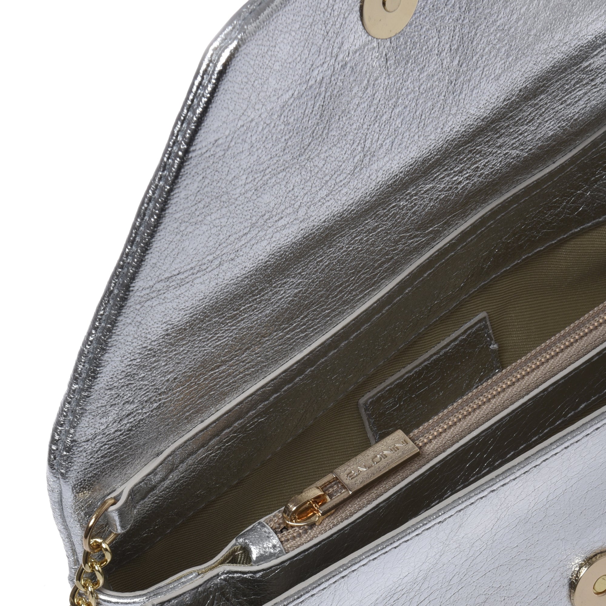 Silver laminated nappa leather clutch
