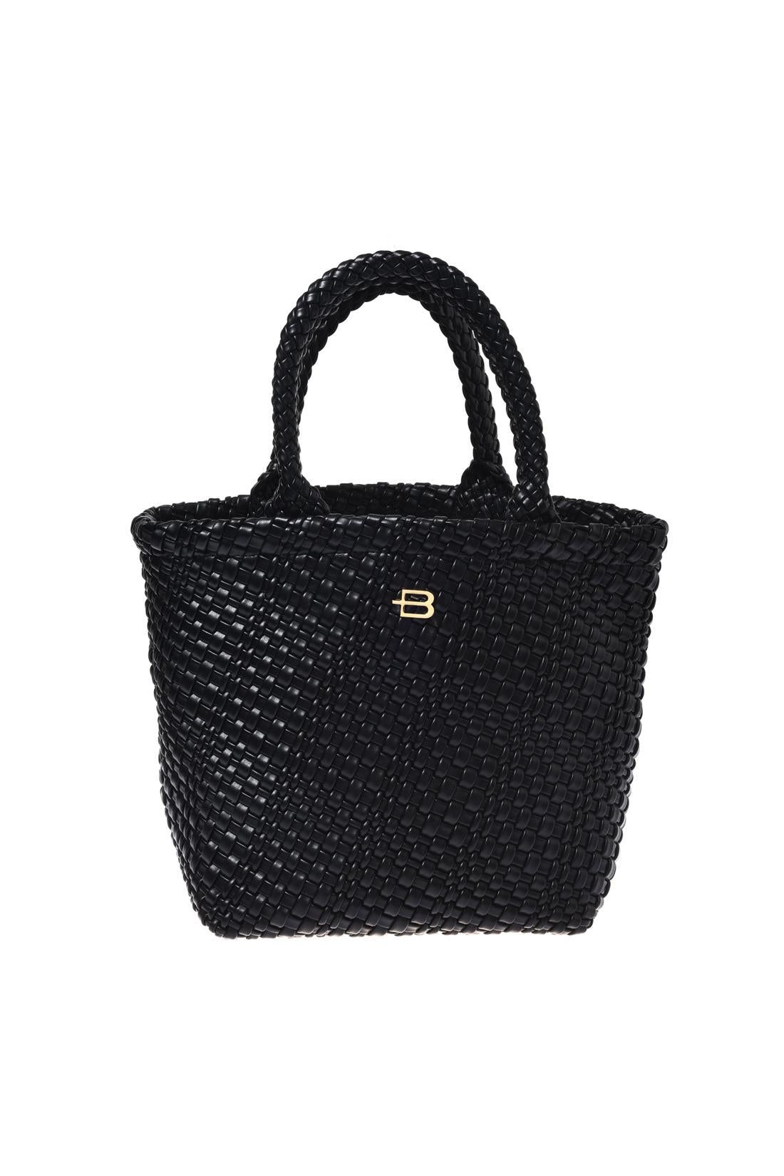 Black woven faux leather handbag