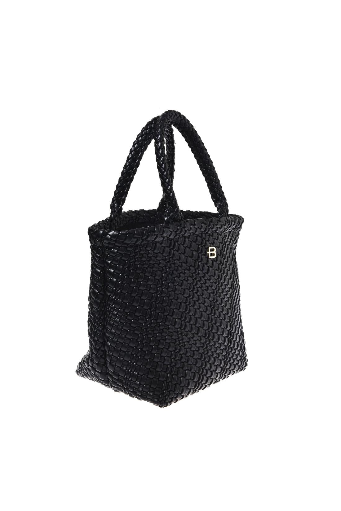 Black woven faux leather handbag