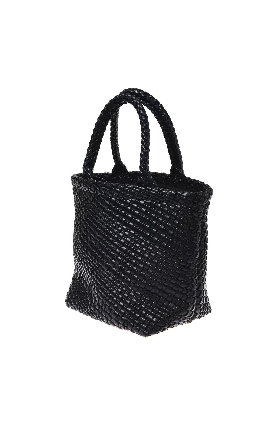 Black woven faux leather handbag