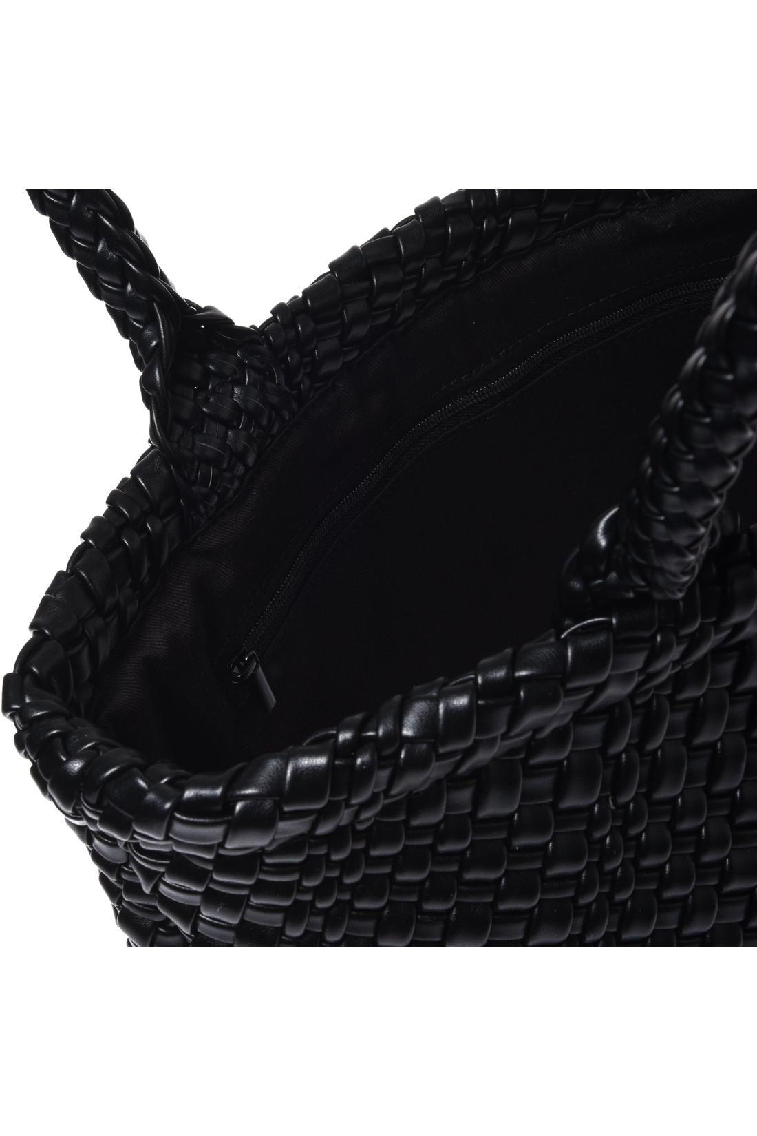 Black woven faux leather handbag
